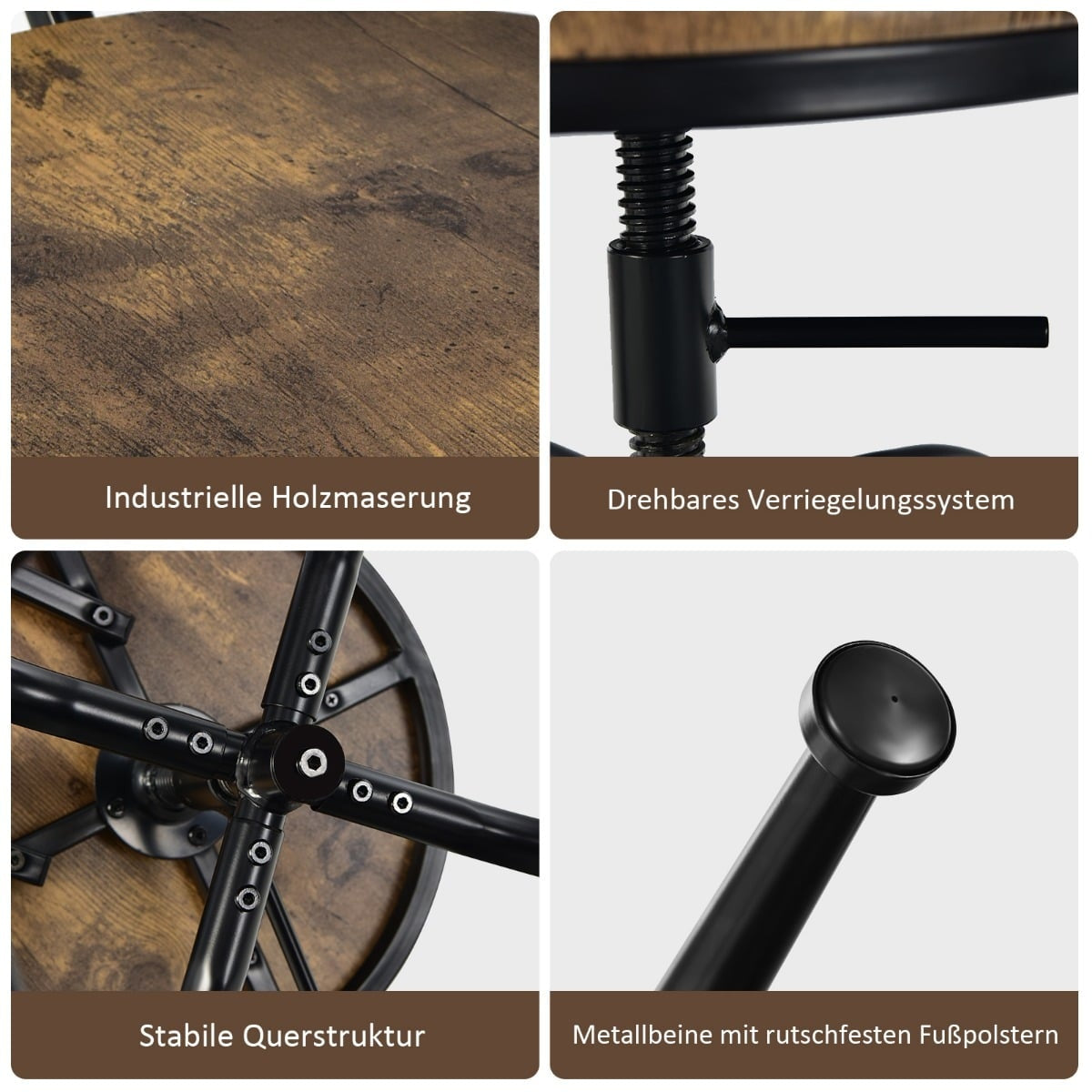 Adjustable Industrial Bar Stools, Swivel, Set of 2, Brown