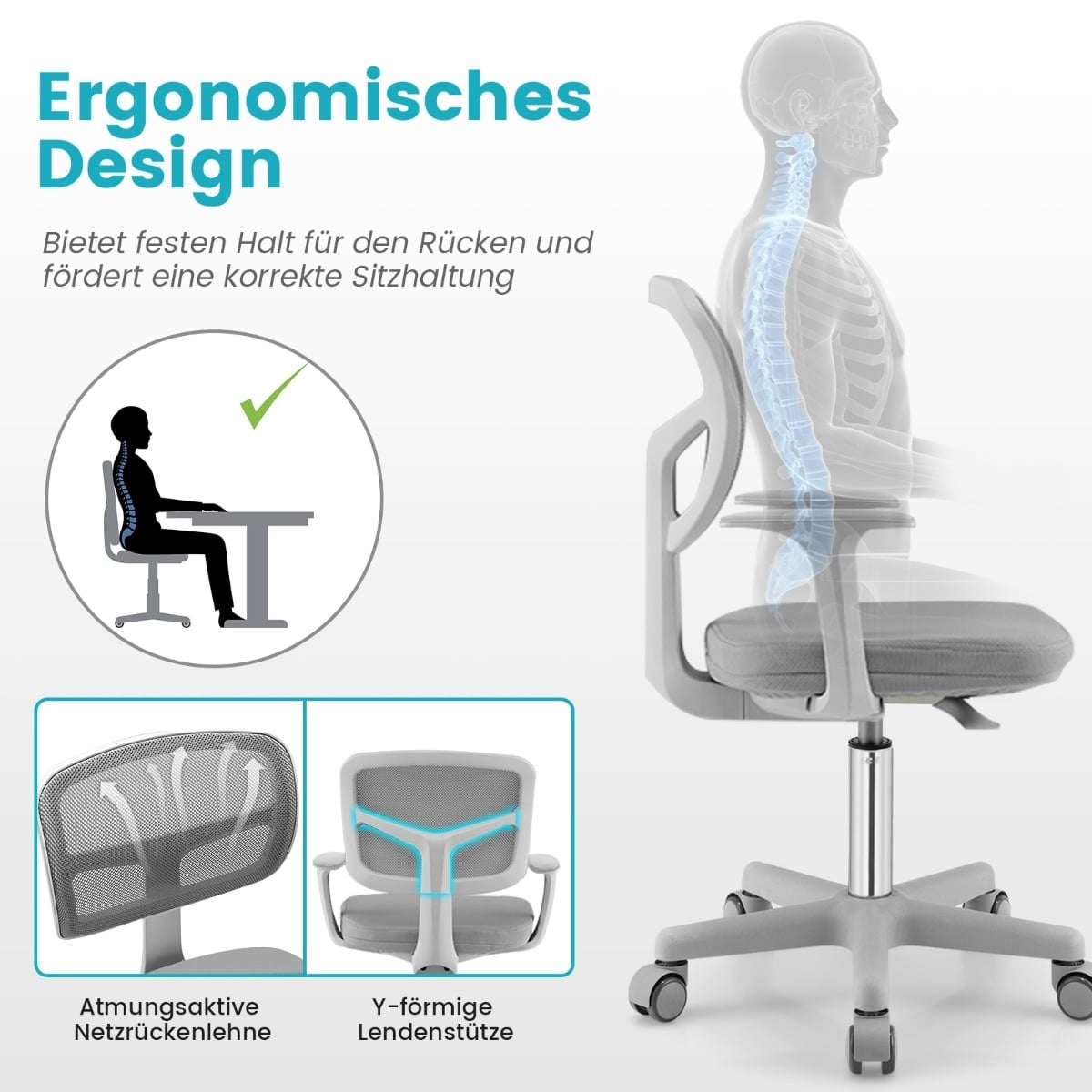Adjustable Kids Desk Chair, 360 Swivel, Ergonomic, Grey