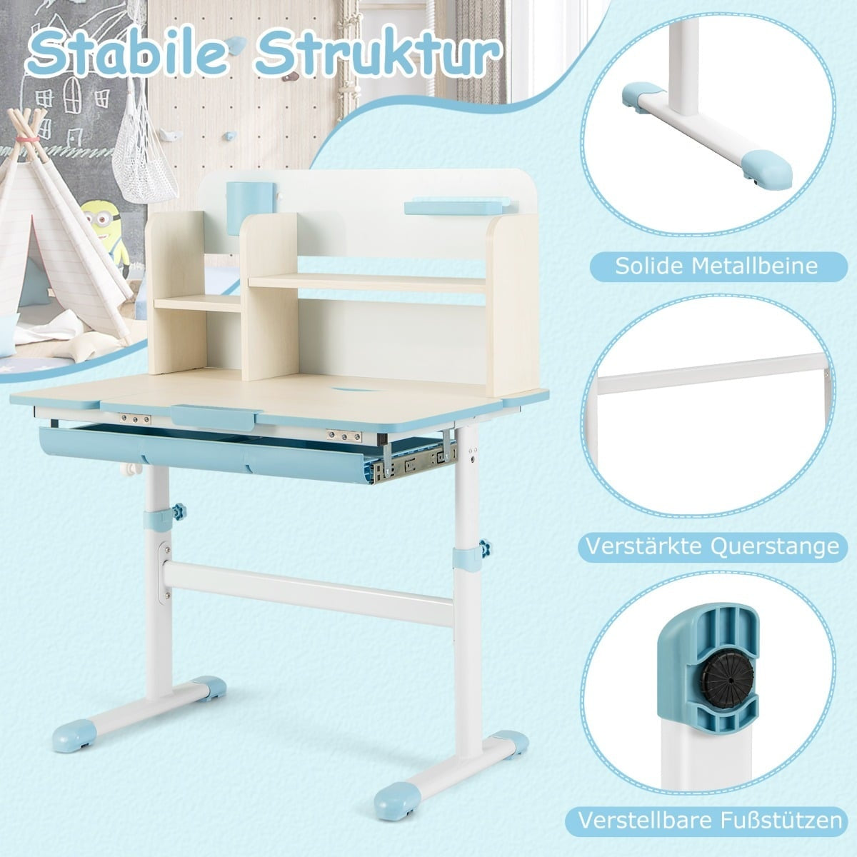 Adjustable Kids Desk with Tilt Top, Shelves, Drawer – Blue