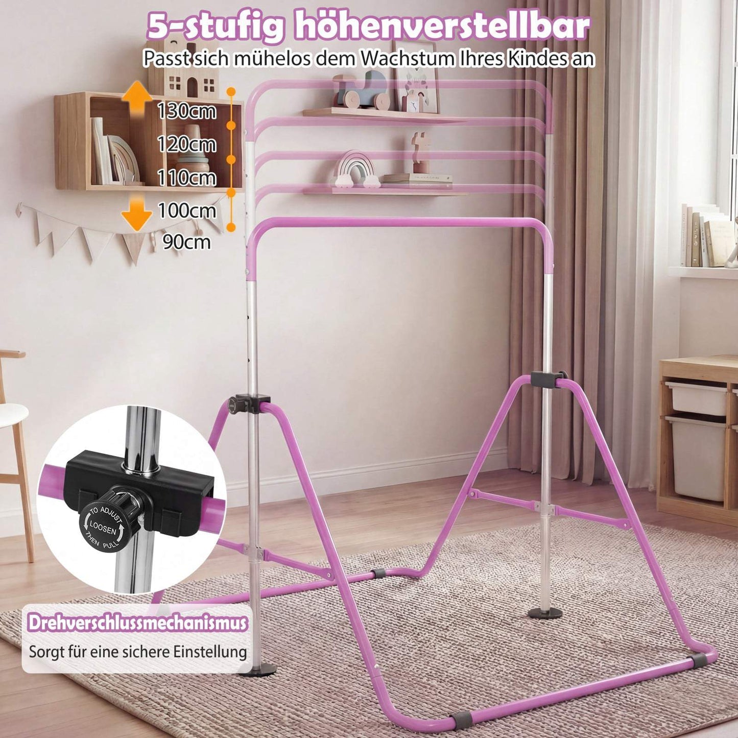 Adjustable Kids Gymnastics Bar, Foldable, 90-130 cm, Purple
