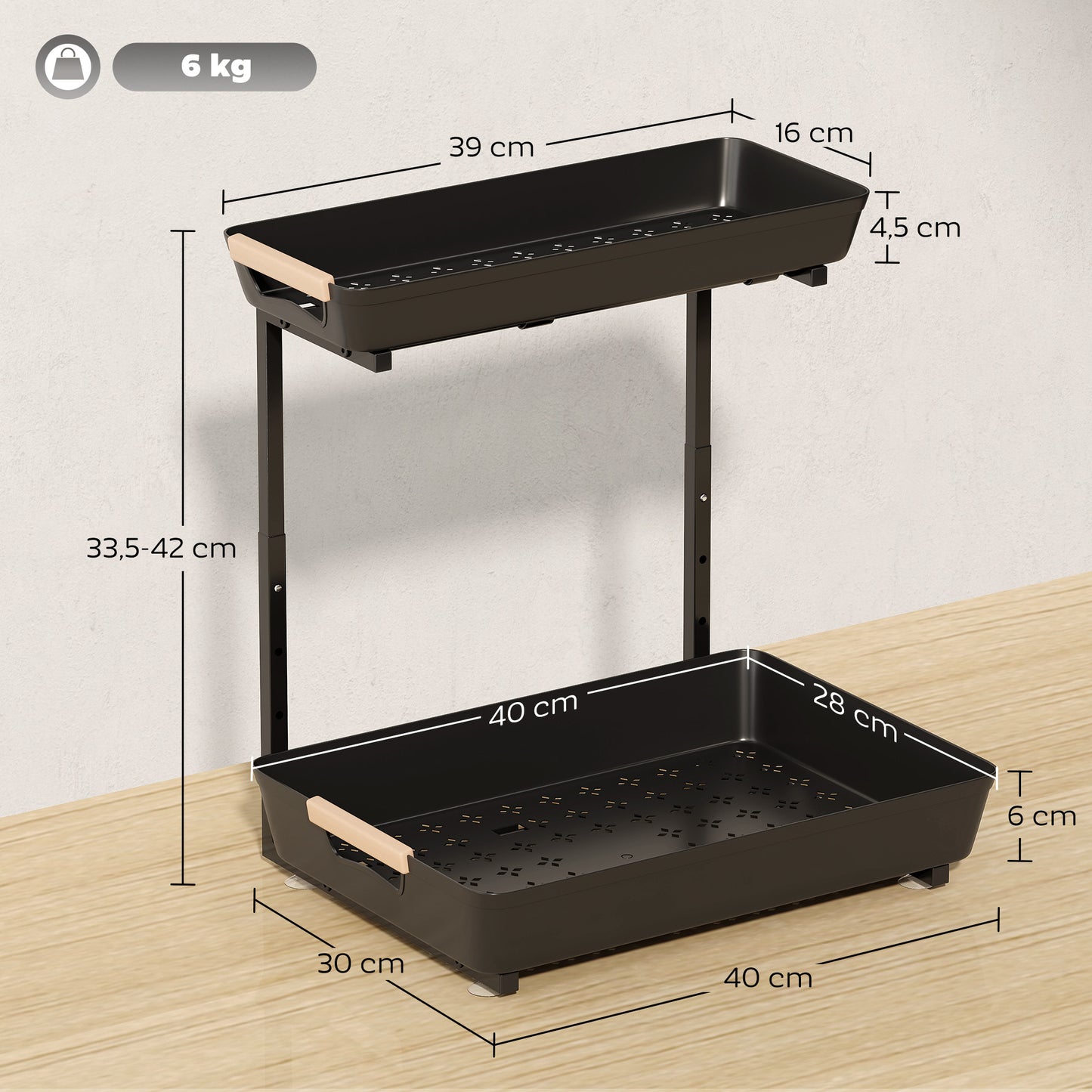 Adjustable Kitchen Shelf with 2 Baskets, 40 x 30 x 33.5-42 cm
