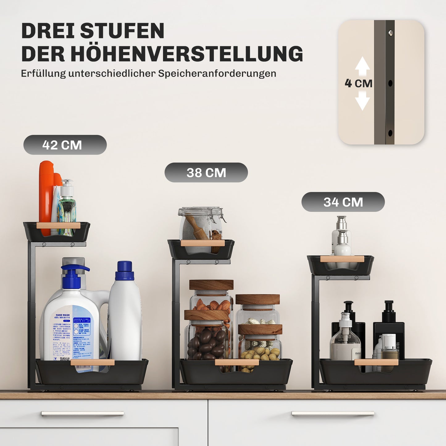 Adjustable Kitchen Shelf with 2 Baskets, 40 x 30 x 33.5-42 cm