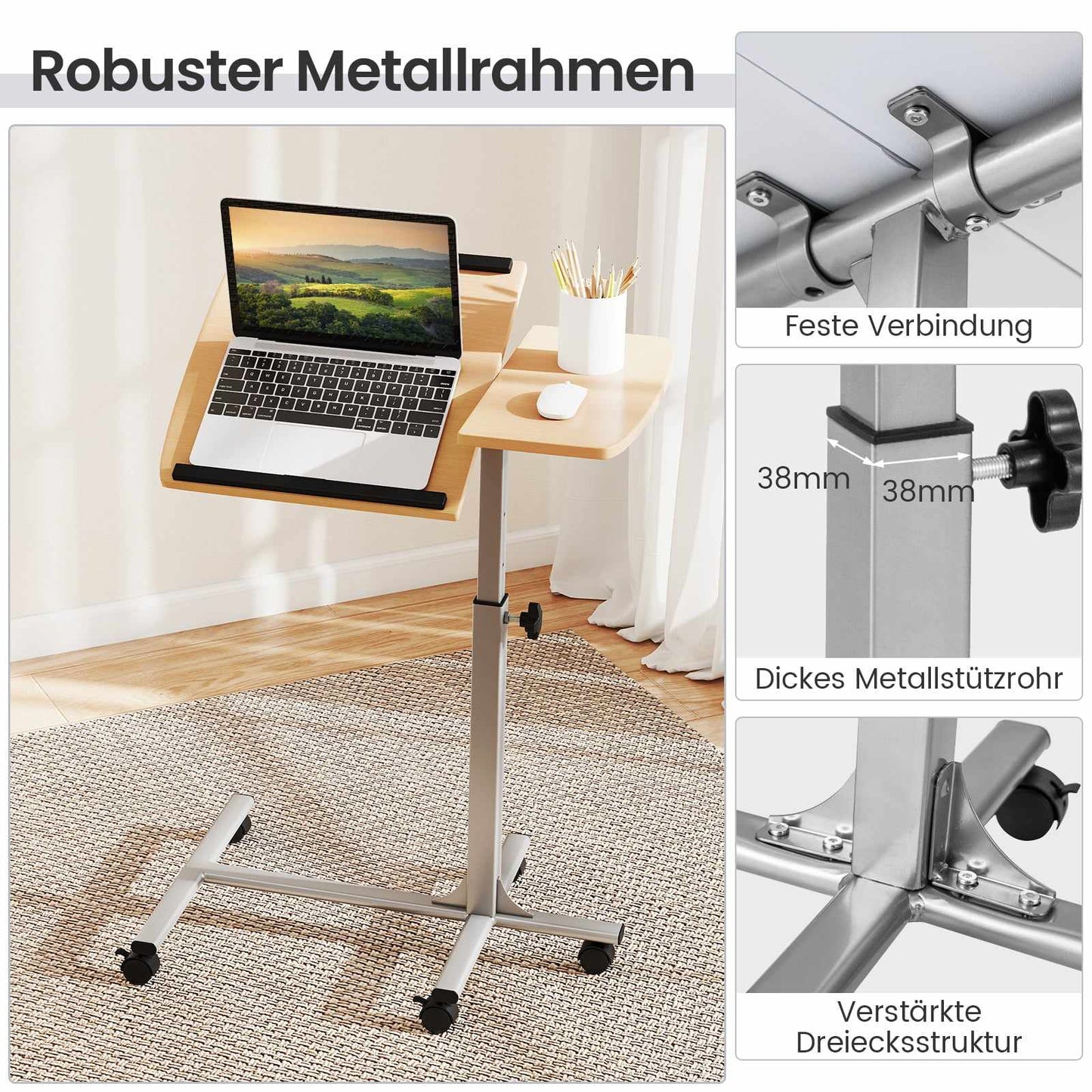 Adjustable Laptop Desk with Wheels, Tiltable, 60×40×71-91cm