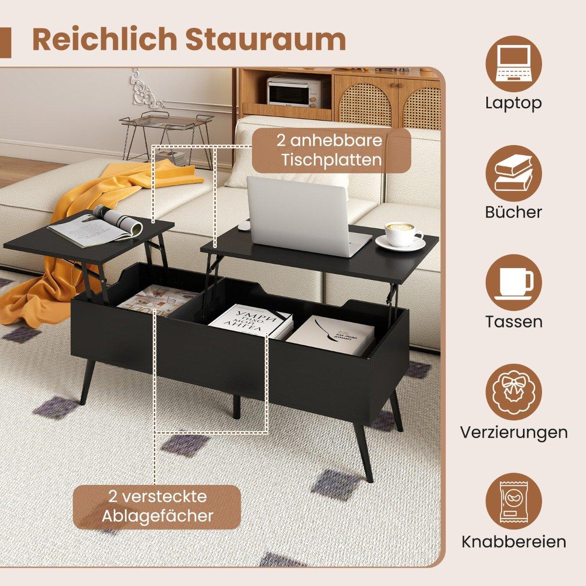 Adjustable Lift-Top Coffee Table with Hidden Storage, Black