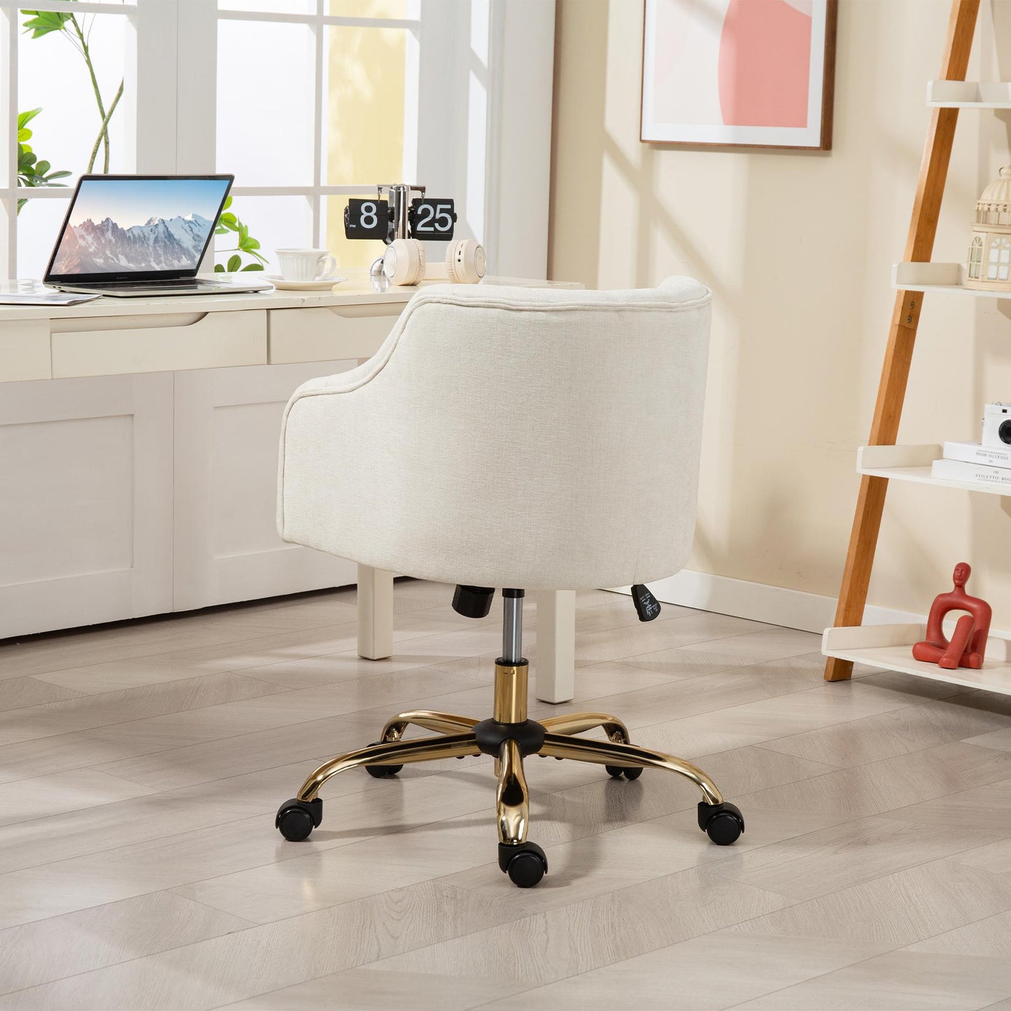 Adjustable Linen-Style Office Chair, Beige with Gold Legs