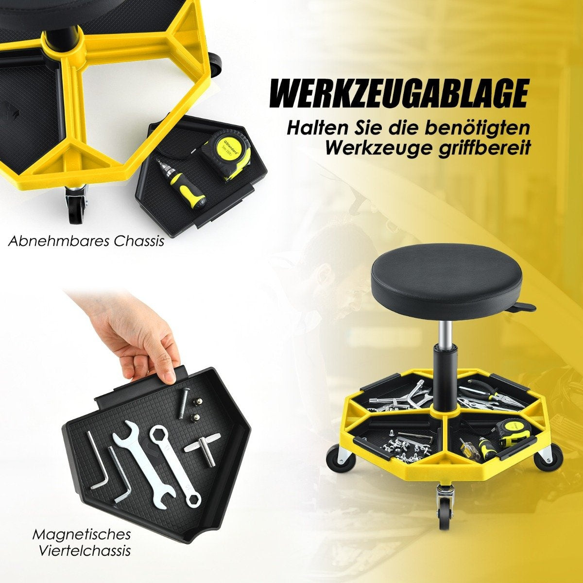 Adjustable Mechanic Stool with Tray, 150kg Capacity, Yellow