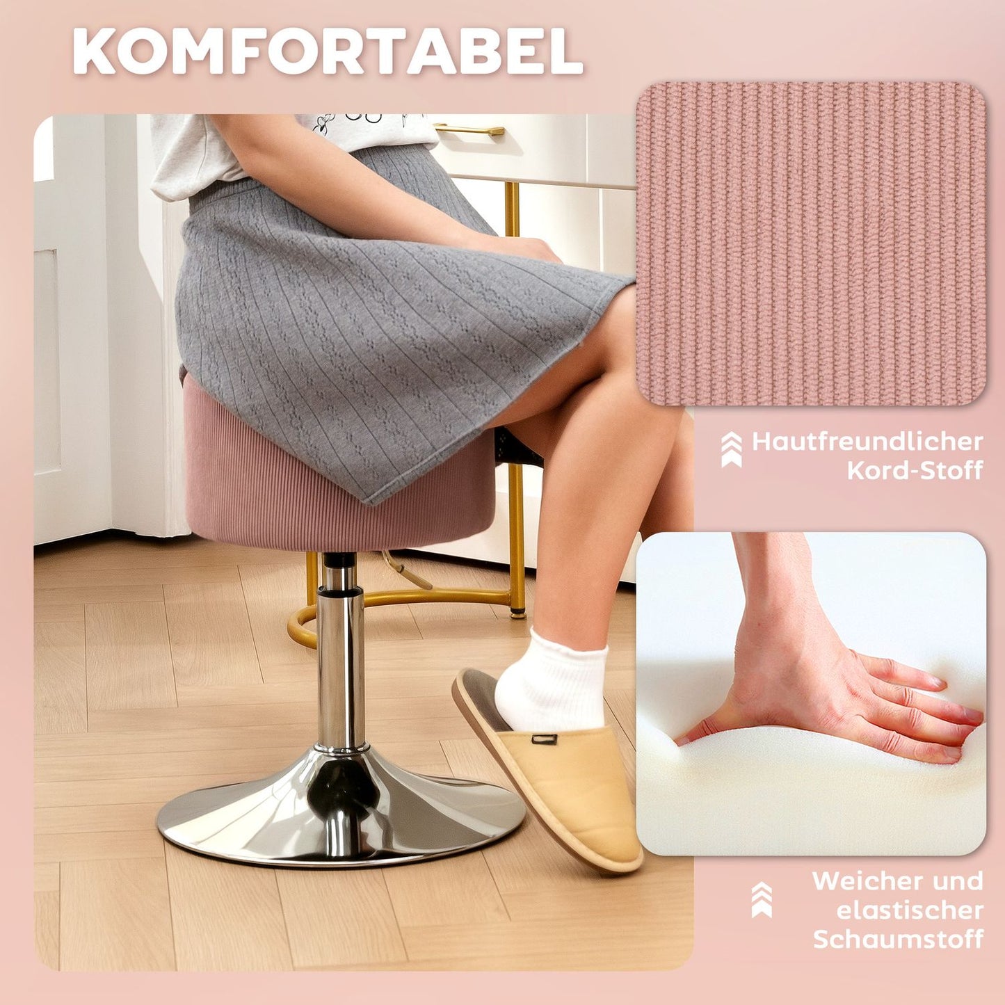 Adjustable Pink Corduroy Bar Stool, 360° Swivel, Metal Base