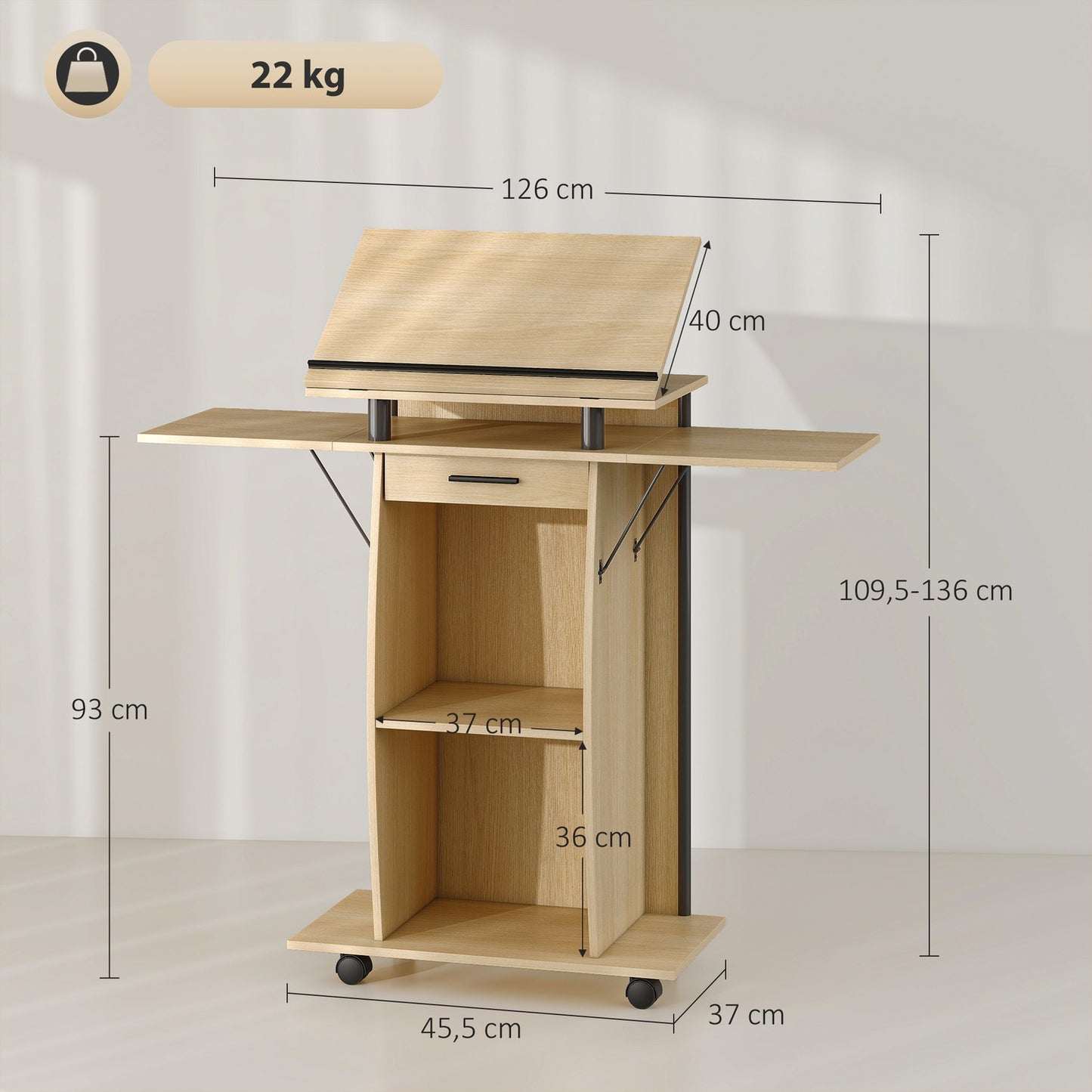 Adjustable Podium Stand with Shelves and Drawer, Oak Finish