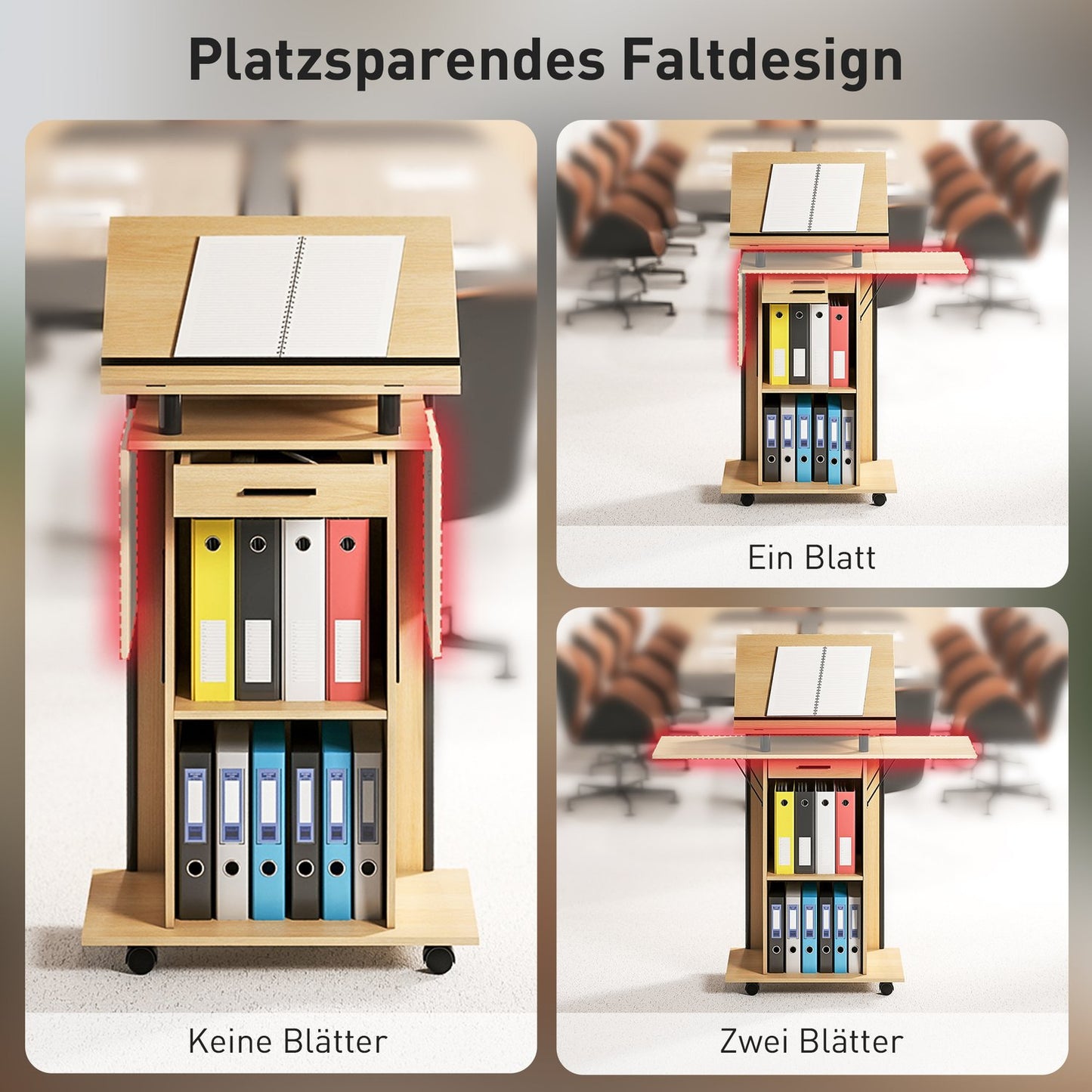 Adjustable Podium Stand with Shelves and Drawer, Oak Finish