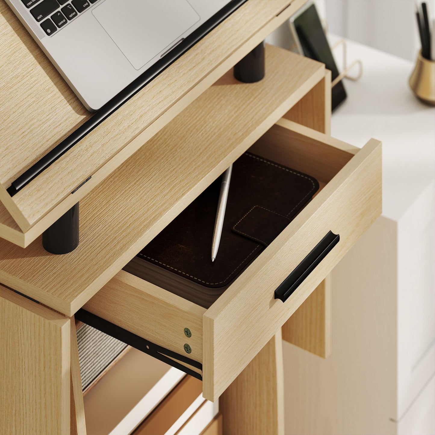 Adjustable Podium Stand with Shelves and Drawer, Oak Finish