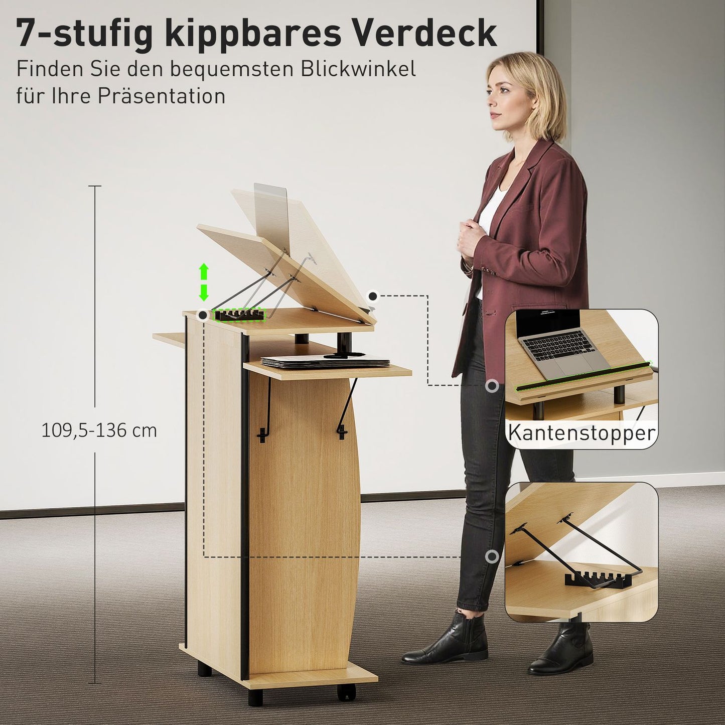 Adjustable Podium Stand with Shelves and Drawer, Oak Finish