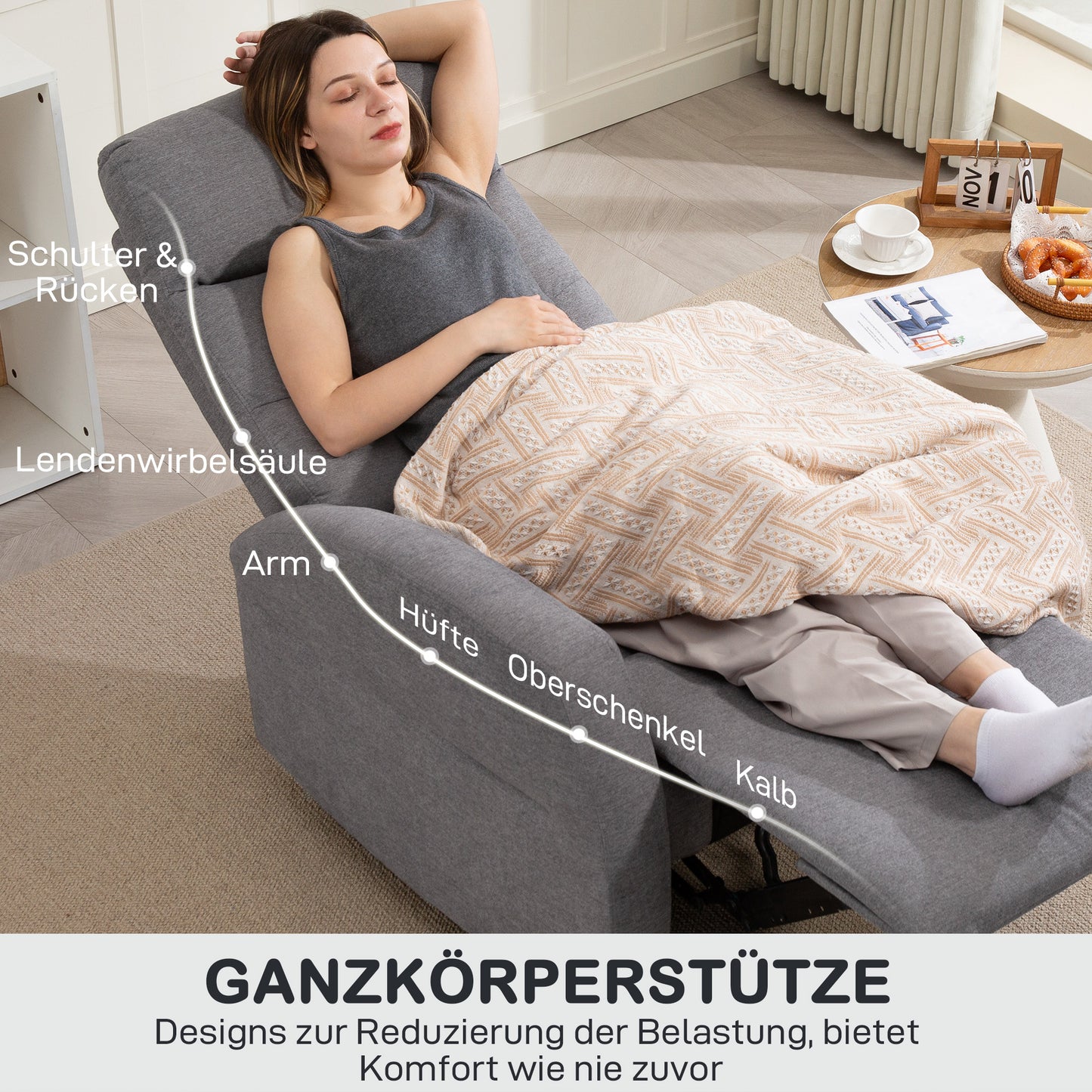 Adjustable Recliner Chair with Footrest, Dark Grey Fabric