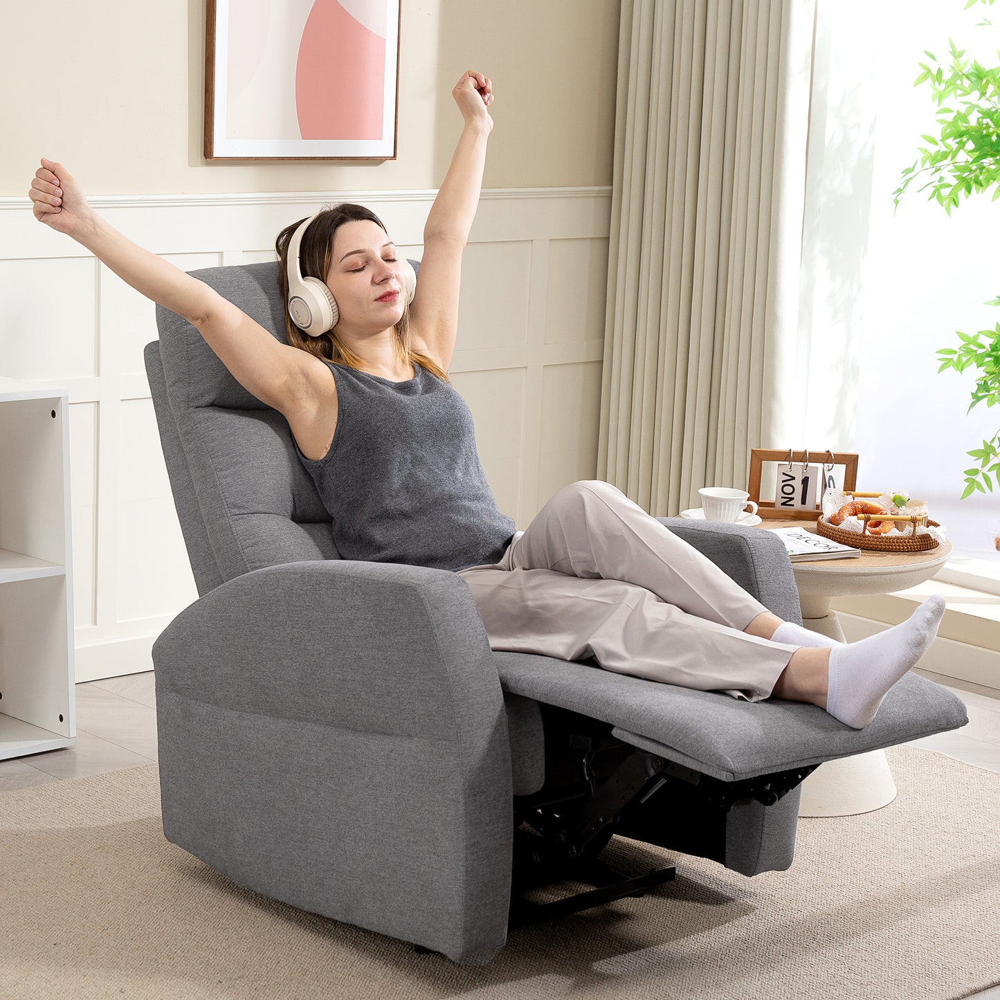 Adjustable Recliner Chair with Footrest, Dark Grey Fabric
