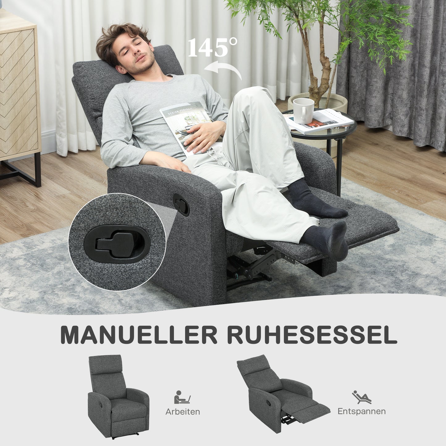 Adjustable Recliner Chair with Footrest, Gray Fabric
