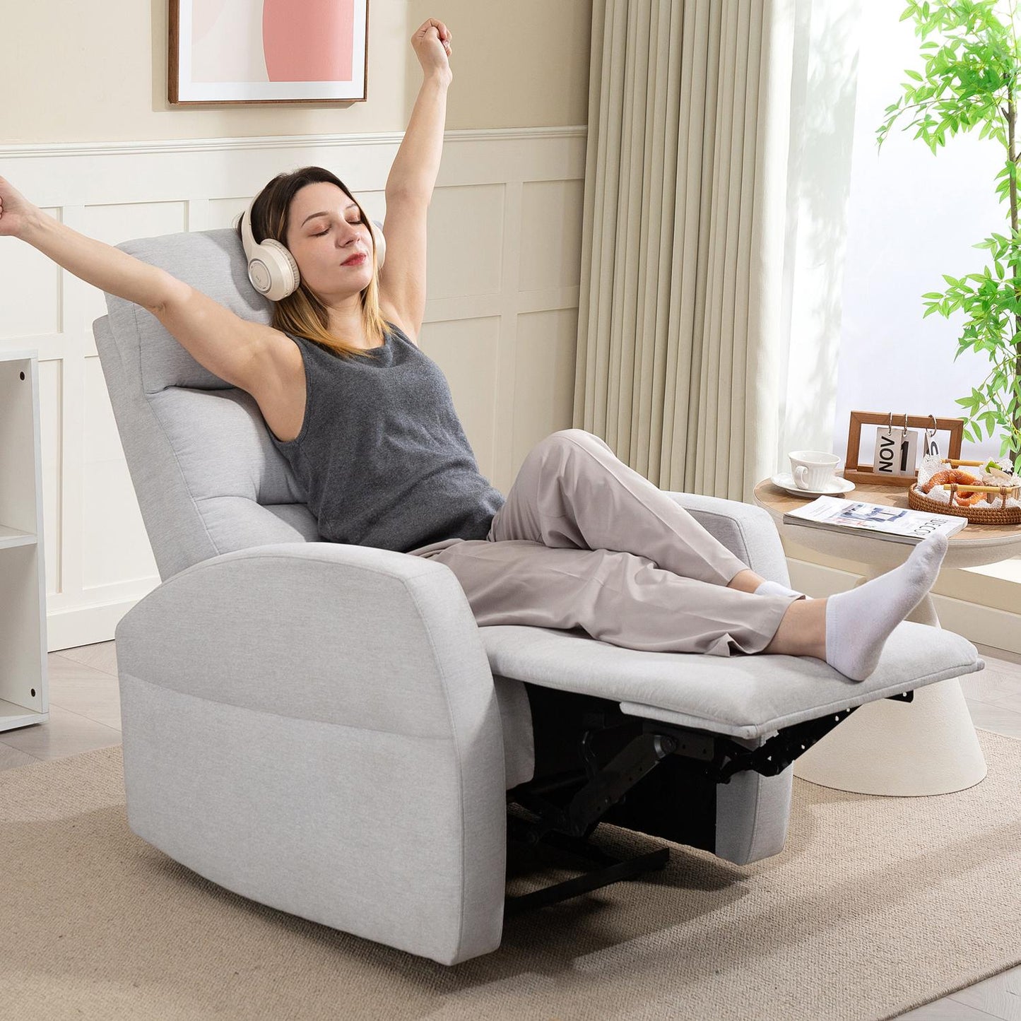 Adjustable Recliner Chair with Footrest, Light Grey Fabric
