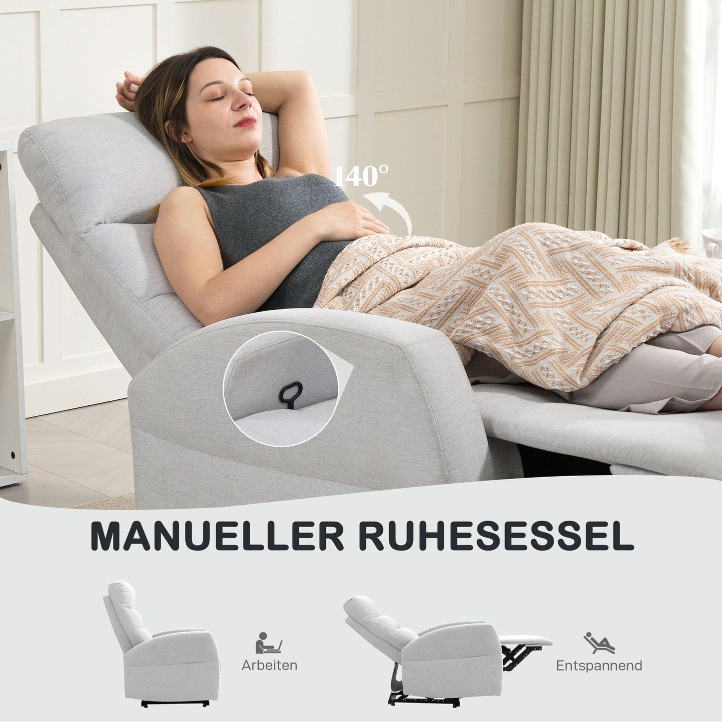 Adjustable Recliner Chair with Footrest, Light Grey Fabric