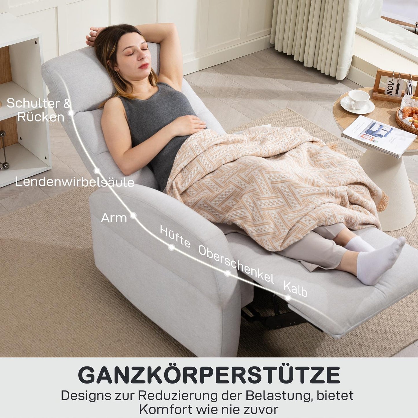 Adjustable Recliner Chair with Footrest, Light Grey Fabric