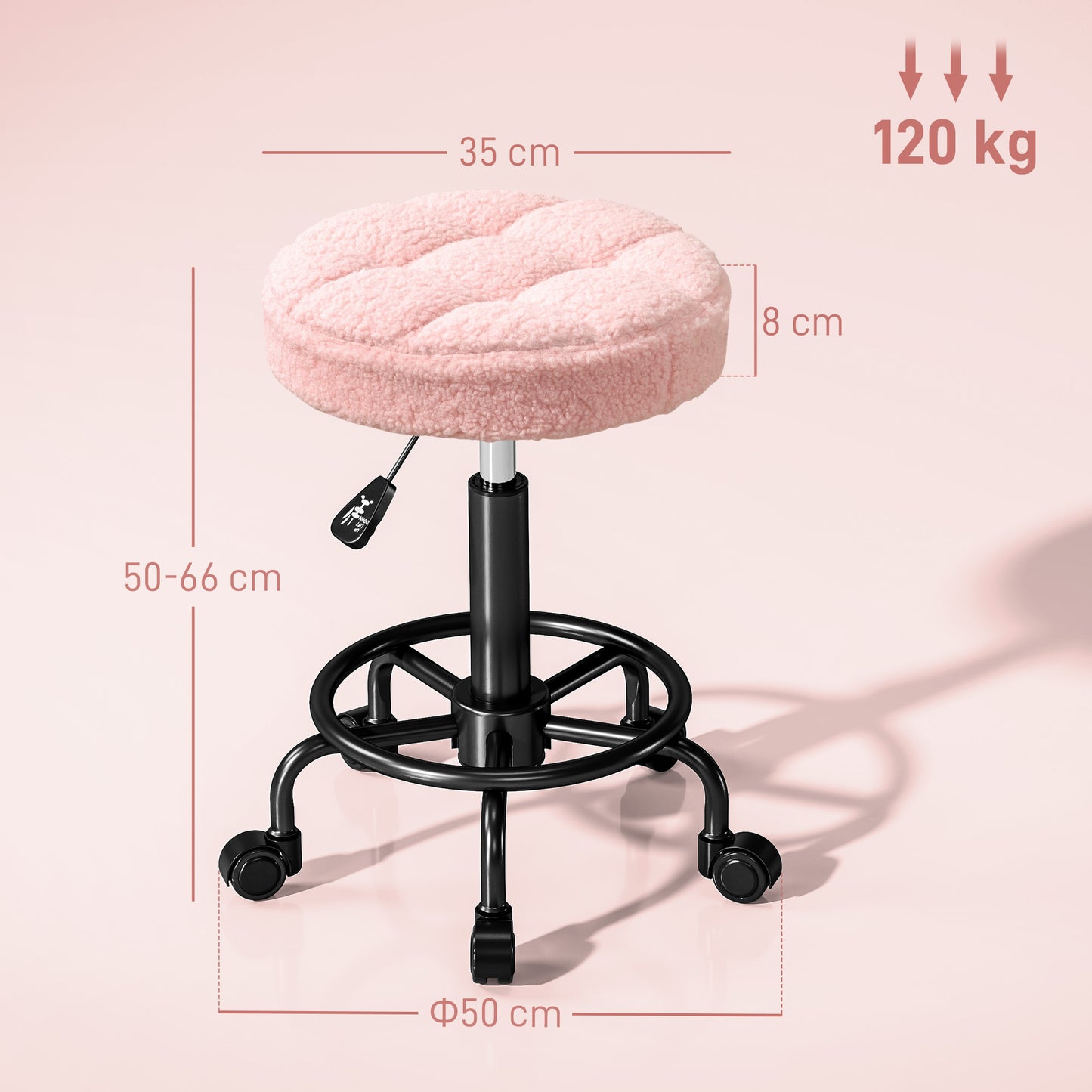 Adjustable Rolling Stool, Pink, 360° Swivel, 50-66 cm Height