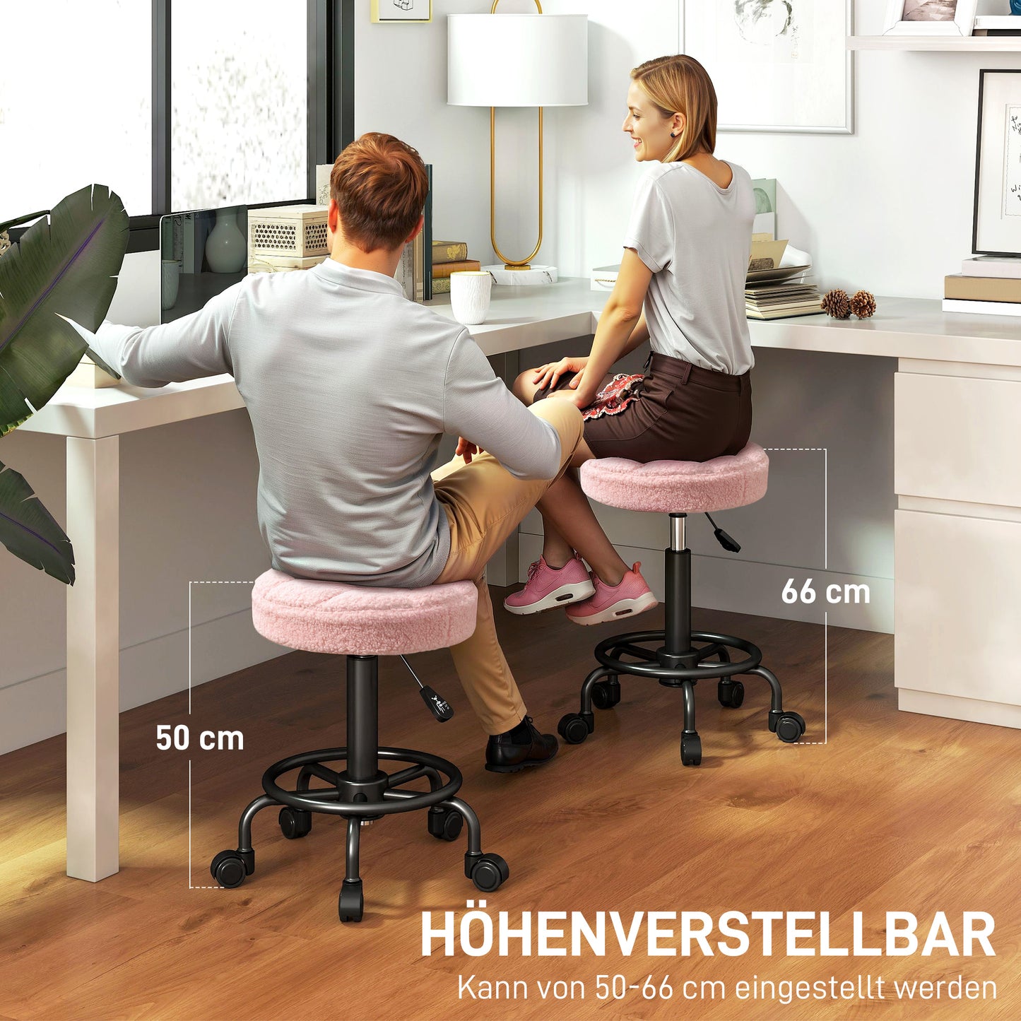 Adjustable Rolling Stool, Pink, 360° Swivel, 50-66 cm Height