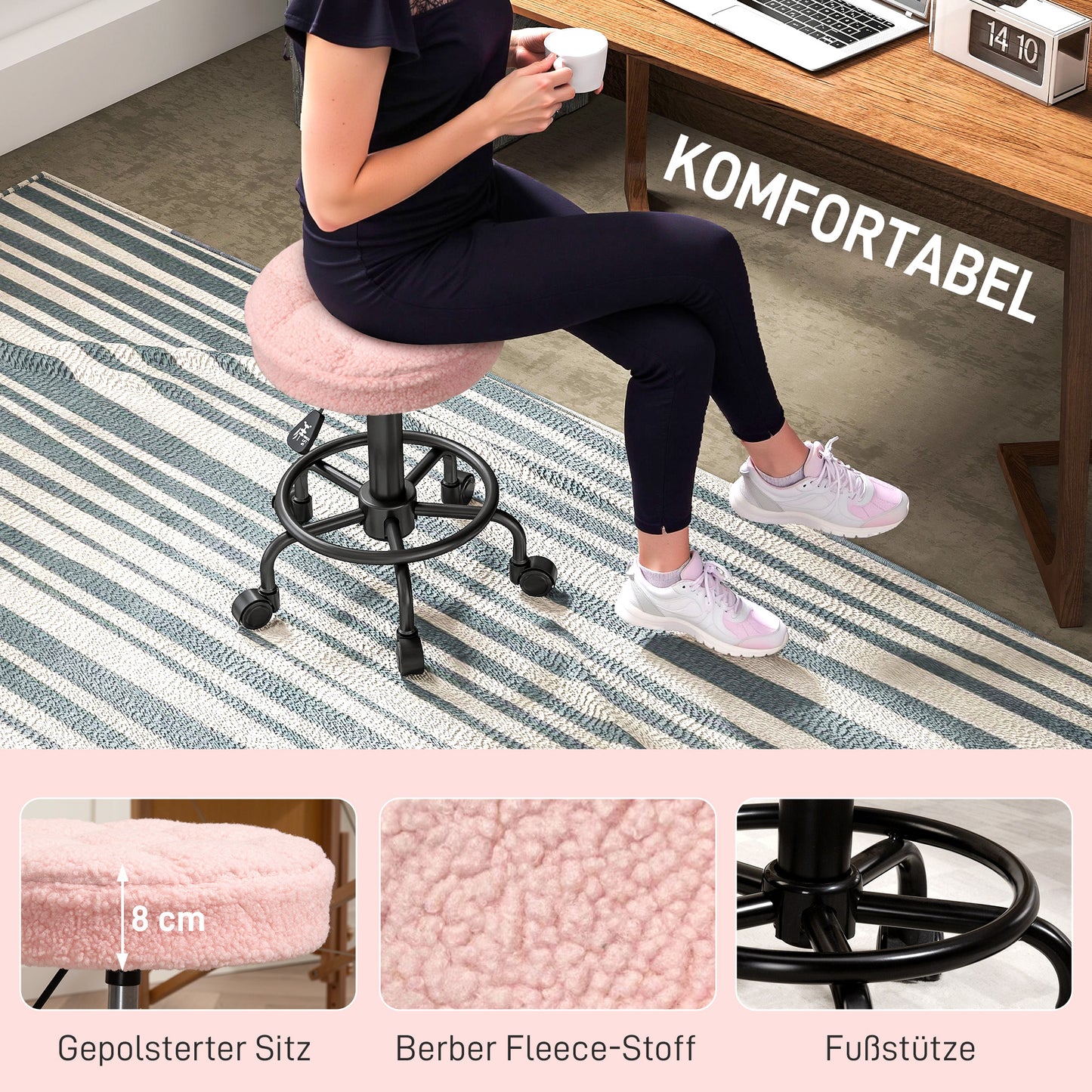 Adjustable Rolling Stool, Pink, 360° Swivel, 50-66 cm Height