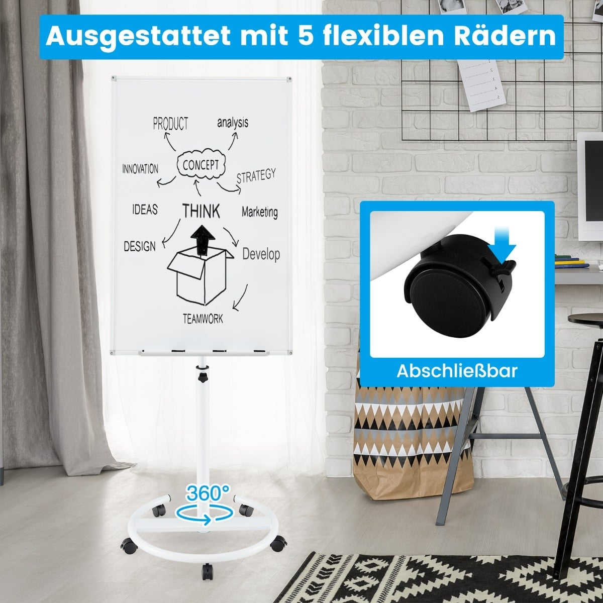 Adjustable Rolling Whiteboard with Magnets & Markers