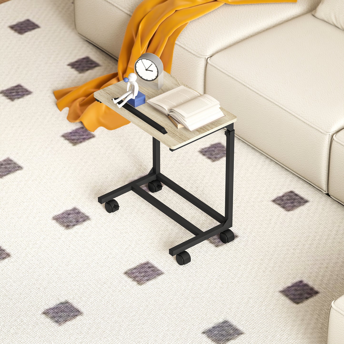 Adjustable Side Table with Wheels, Metal Frame, Tiltable