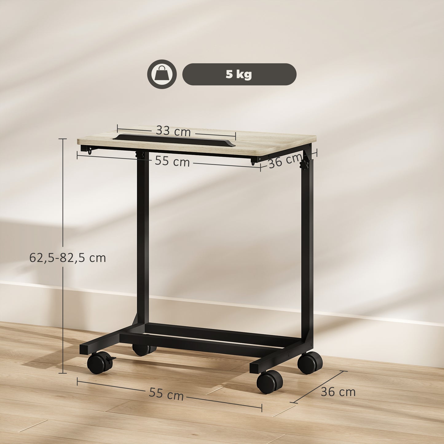 Adjustable Side Table with Wheels, Metal Frame, Tiltable