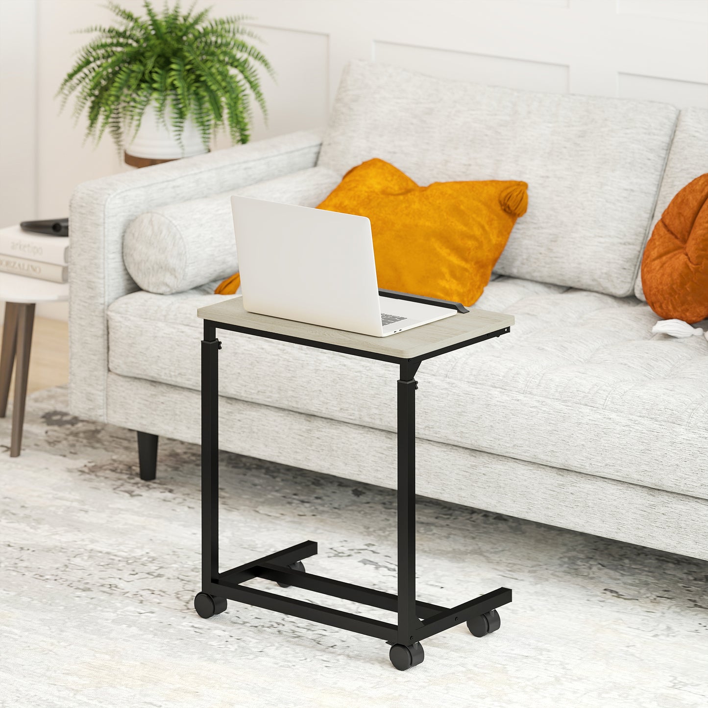Adjustable Side Table with Wheels, Metal Frame, Tiltable