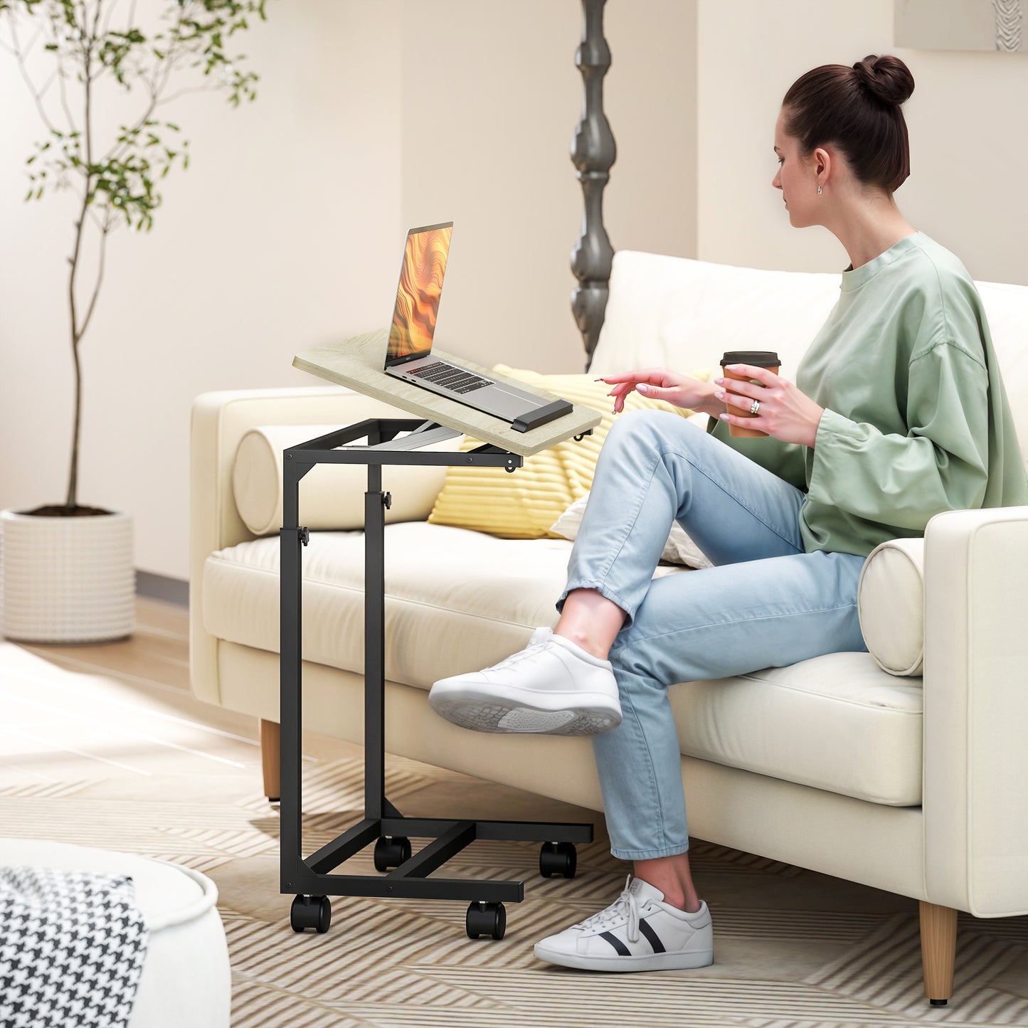 Adjustable Side Table with Wheels, Metal Frame, Tiltable