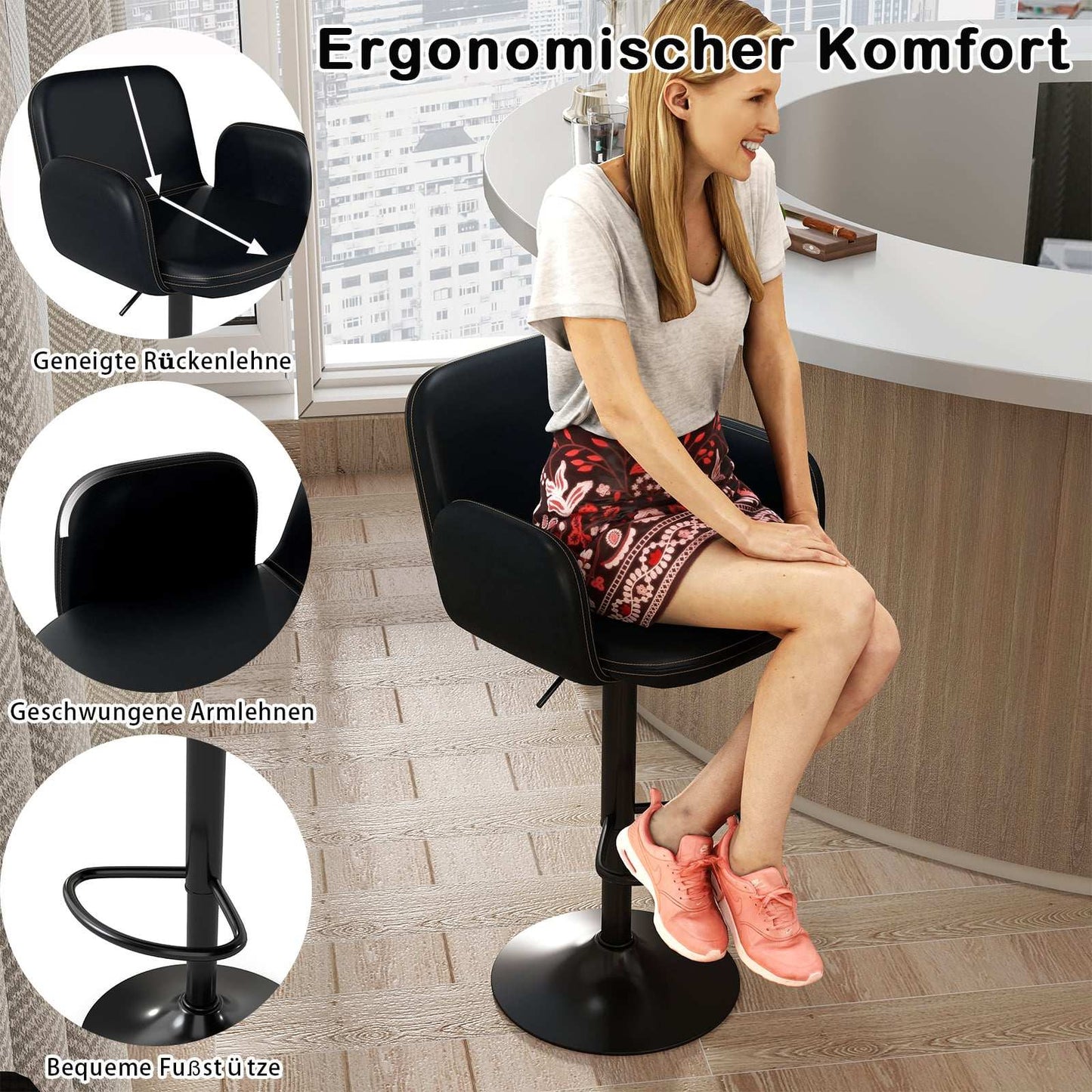 Adjustable Swivel Bar Stools, Set of 2, Black Leather