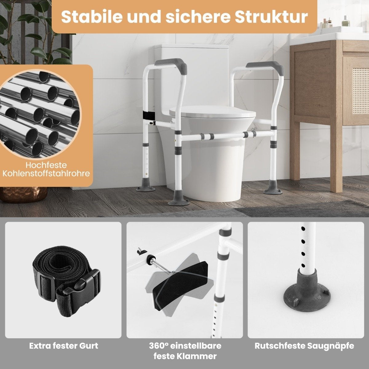 Adjustable Toilet Safety Rail – 6 Heights, 2 Widths, Carbon Steel