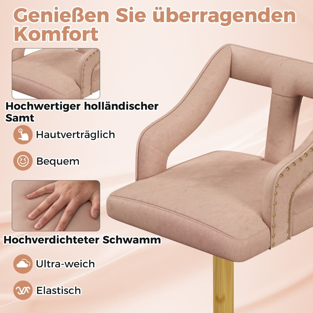 Adjustable Velvet Bar Stools, Pink, Set of 2, 63-85cm