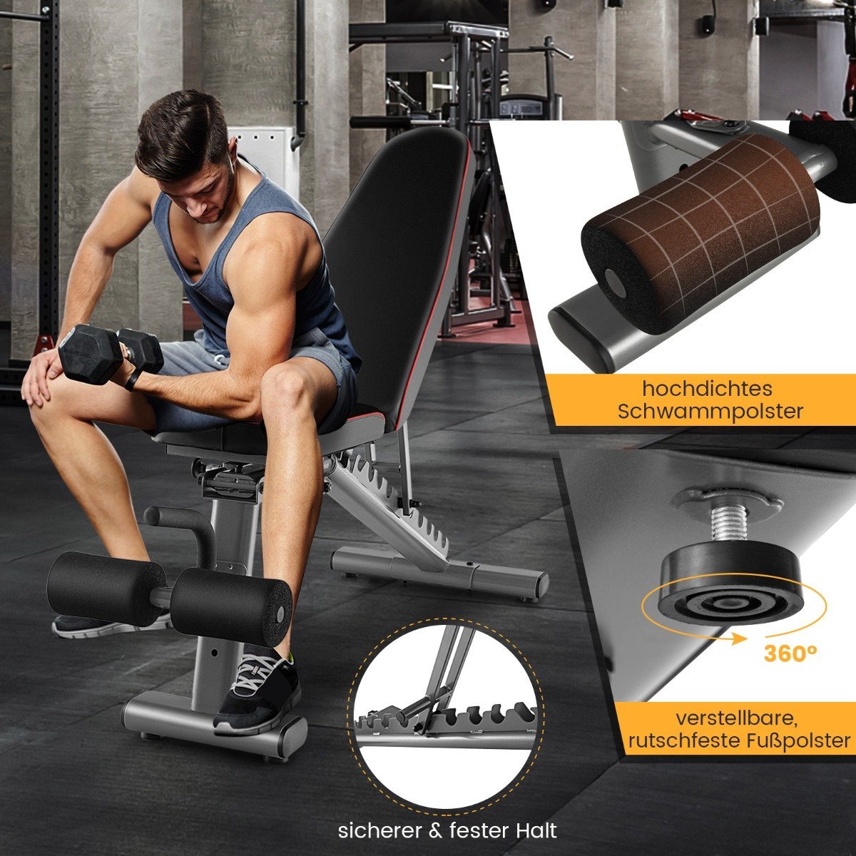 Adjustable weight bench with 2 transport wheels, full body training bench, black