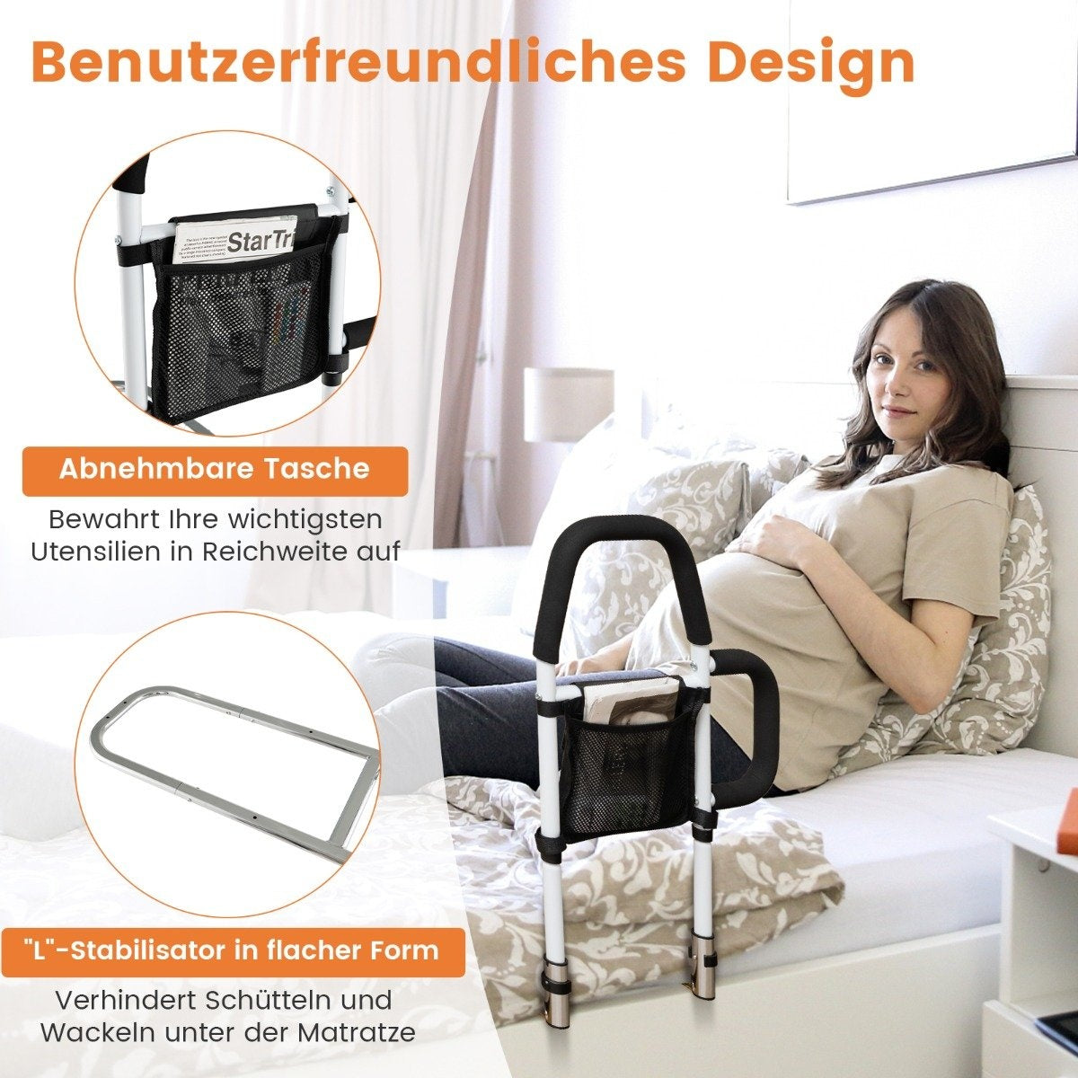 Adult bed rail fall protection with 2 handrails & bag & fastening strap up to 136 kg