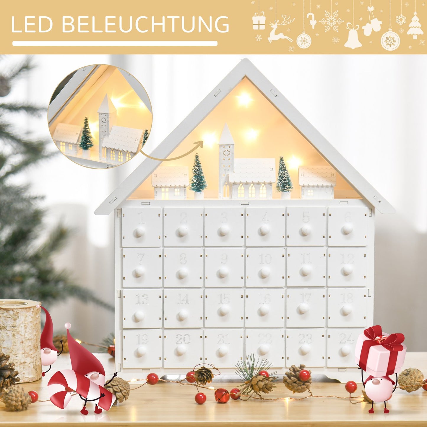 Advent calendar With LED, 24 refillable compartments, White