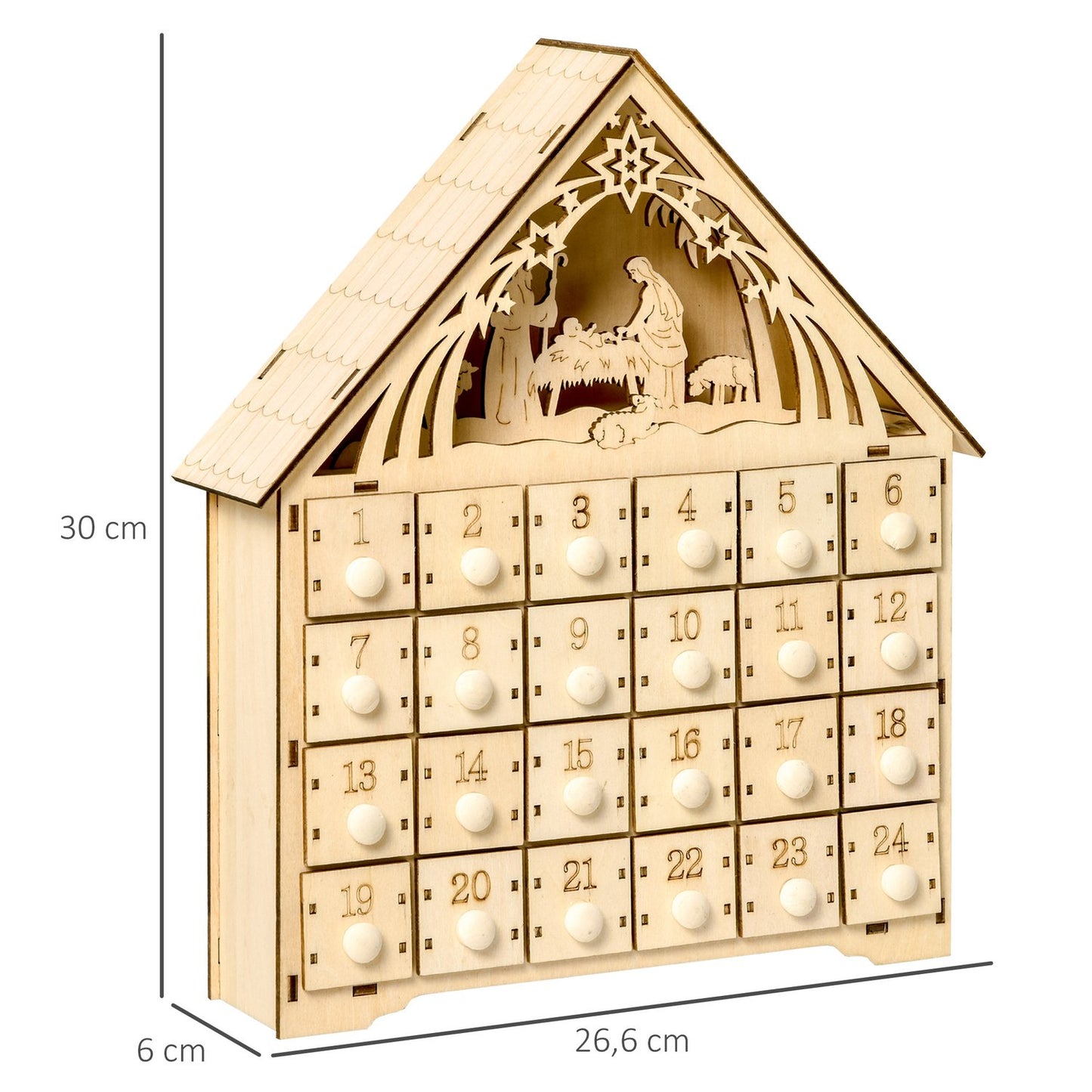 Advent calendar with 24 LED-illuminated wooden boxes