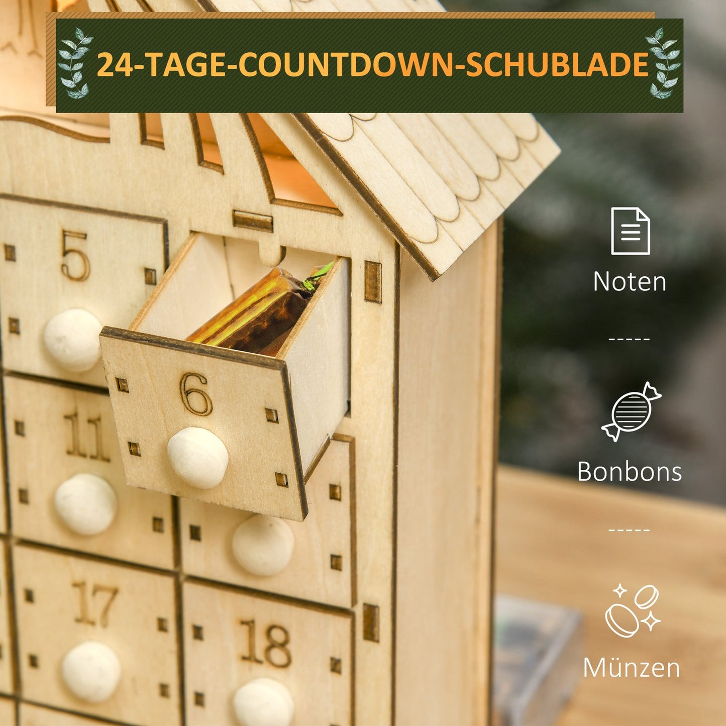 Advent calendar with 24 LED-illuminated wooden boxes