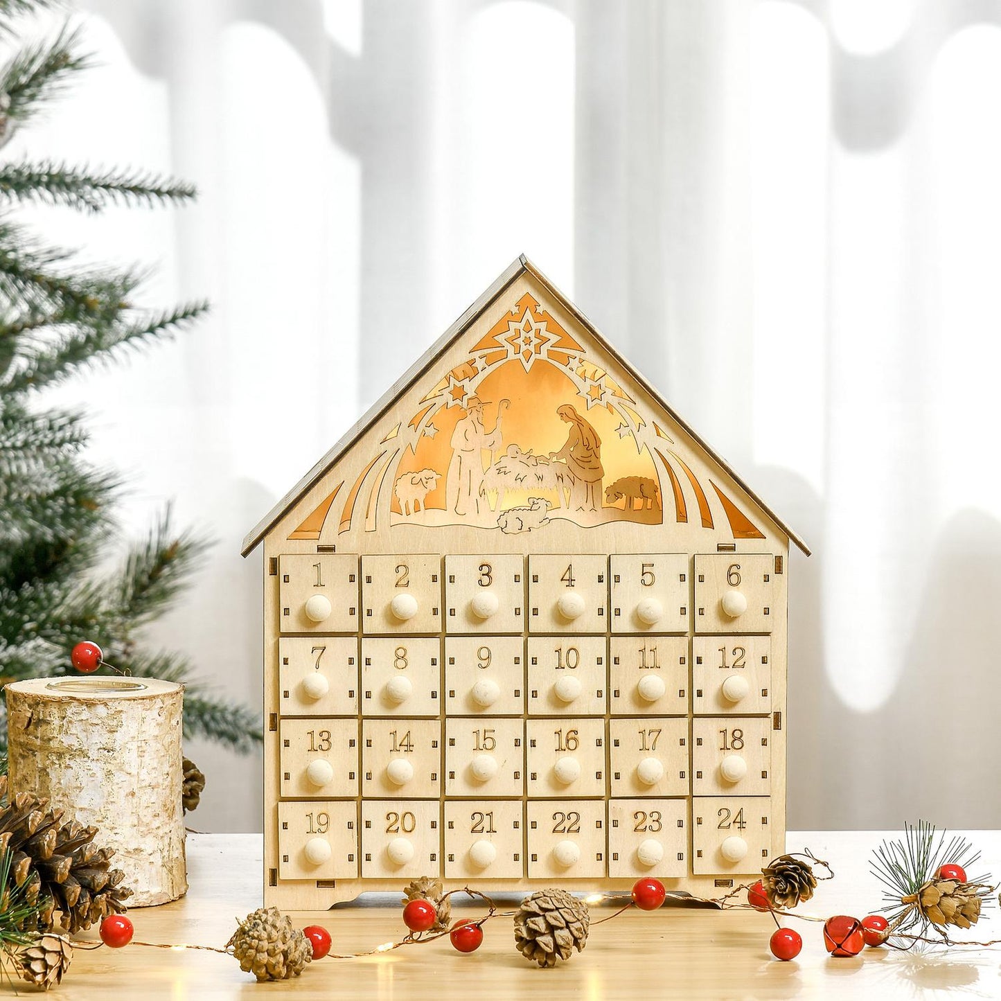 Advent calendar with 24 LED-illuminated wooden boxes