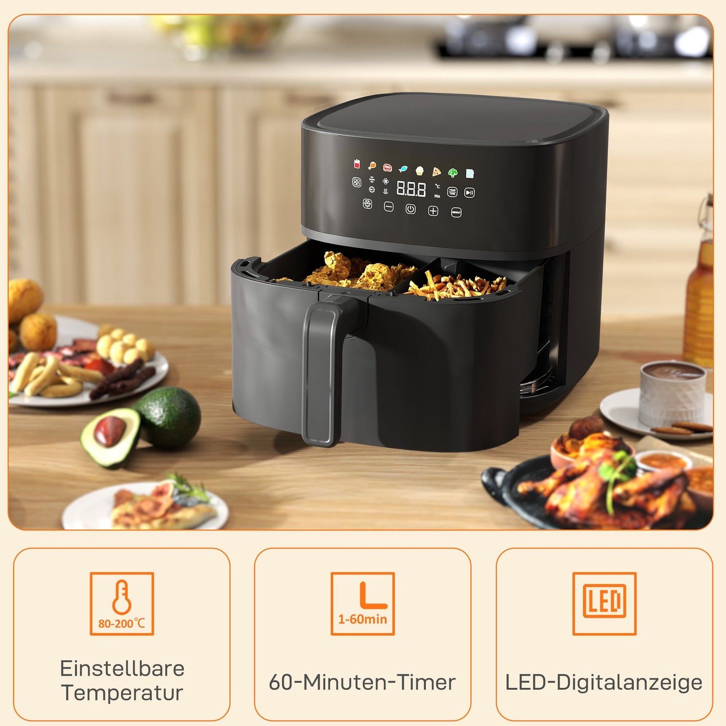 Air Fryer, 8L, 8 Programs, LED Screen, Black