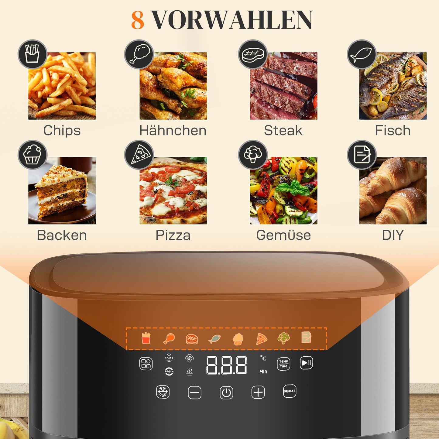 Air Fryer, 8L, 8 Programs, LED Screen, Black