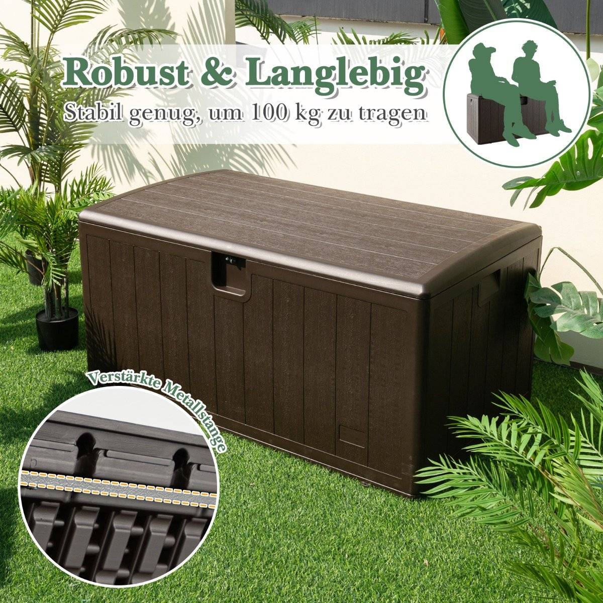 All Weather Storage Box 492L Capacity with Lockable Lid Waterproof Garden Box Brown