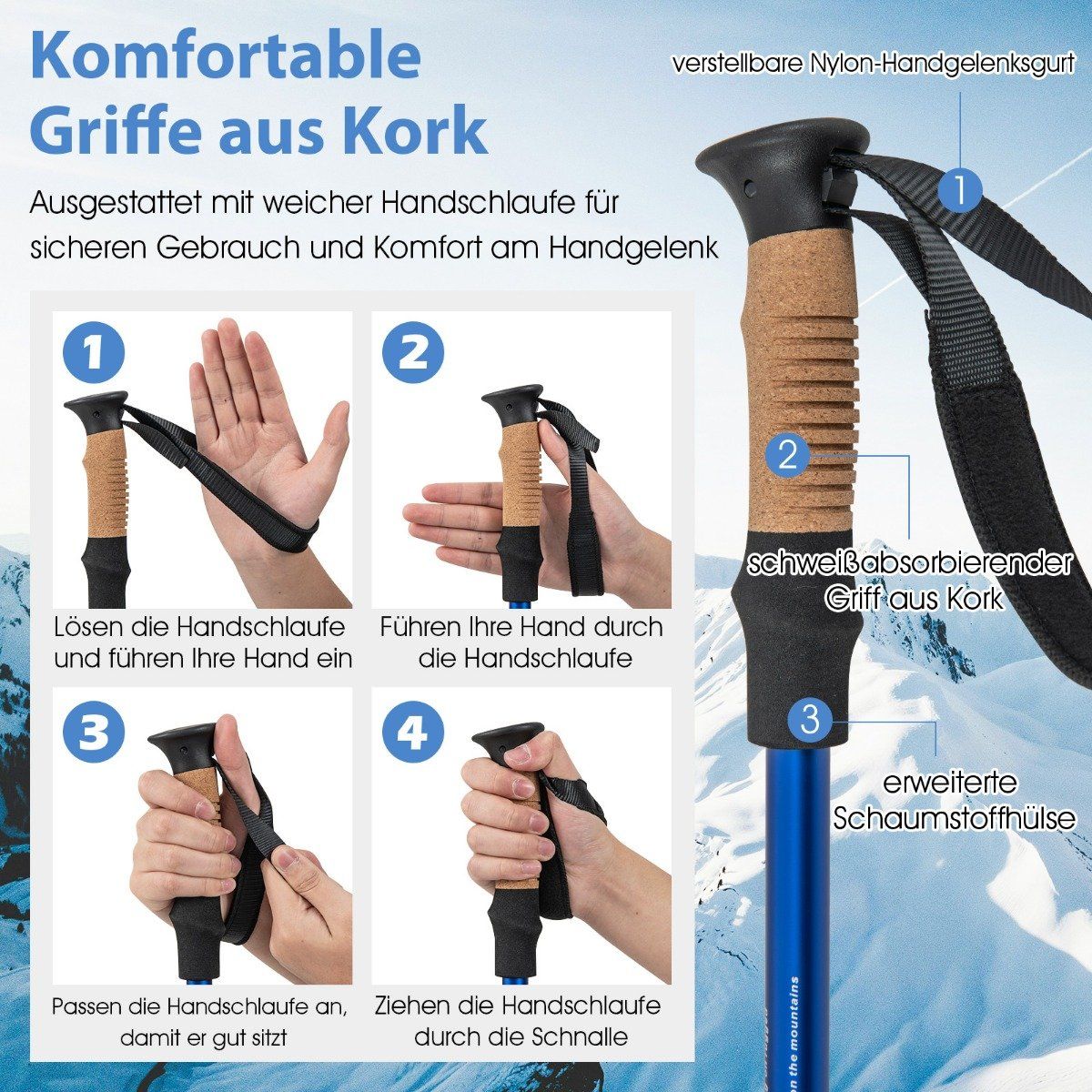 Aluminum Nordic Walking Poles Telescopic Hiking Poles Trekking Poles 1 Pair Set Adjustable 65-135cm-blue