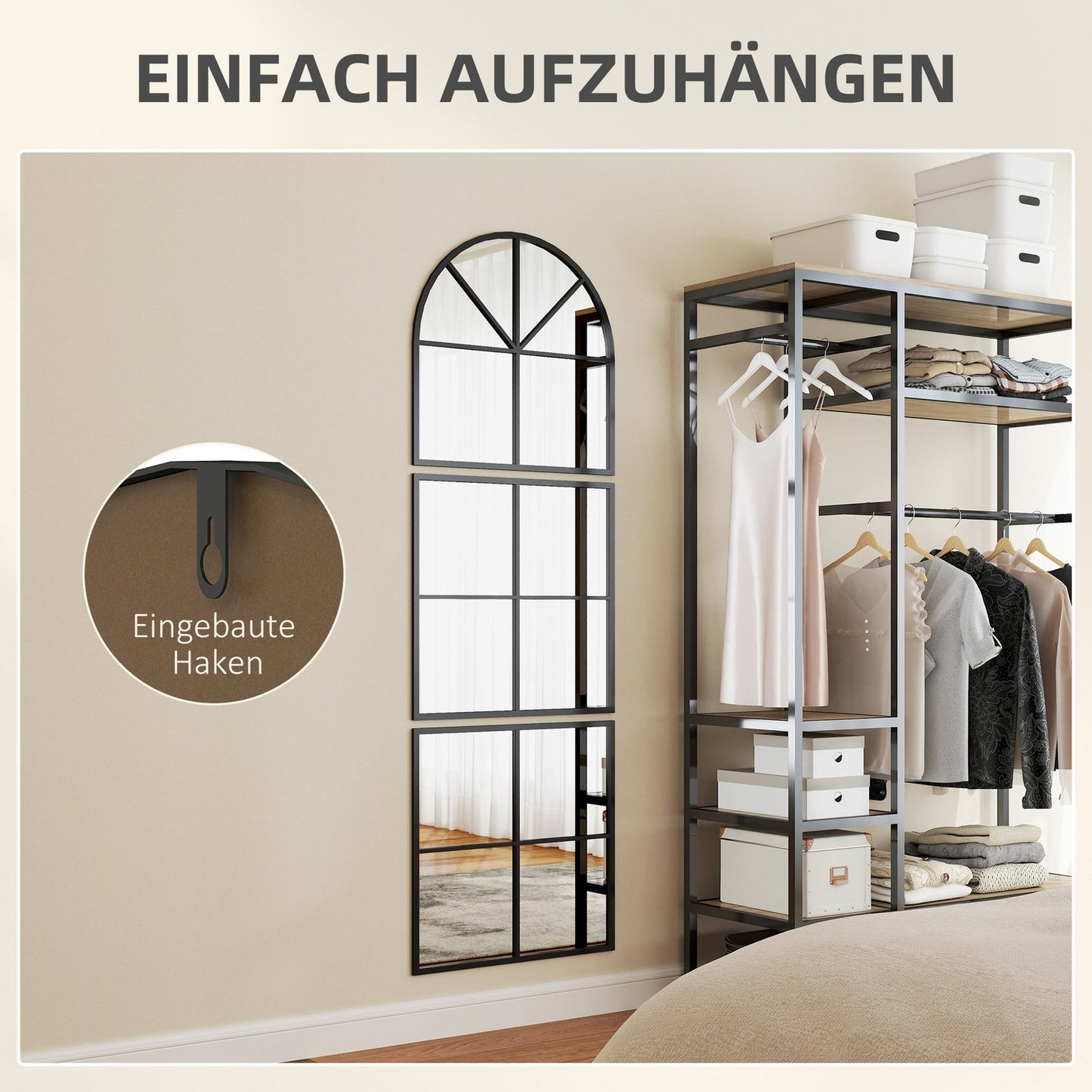 Arched Wall Mirror, Black Metal Frame, 60 x 180 cm