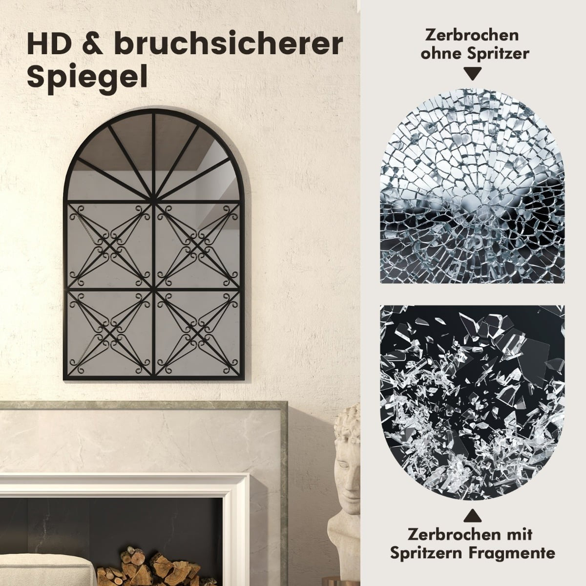 Arched Window-Style Wall Mirror with Metal Frame, 58x87 cm