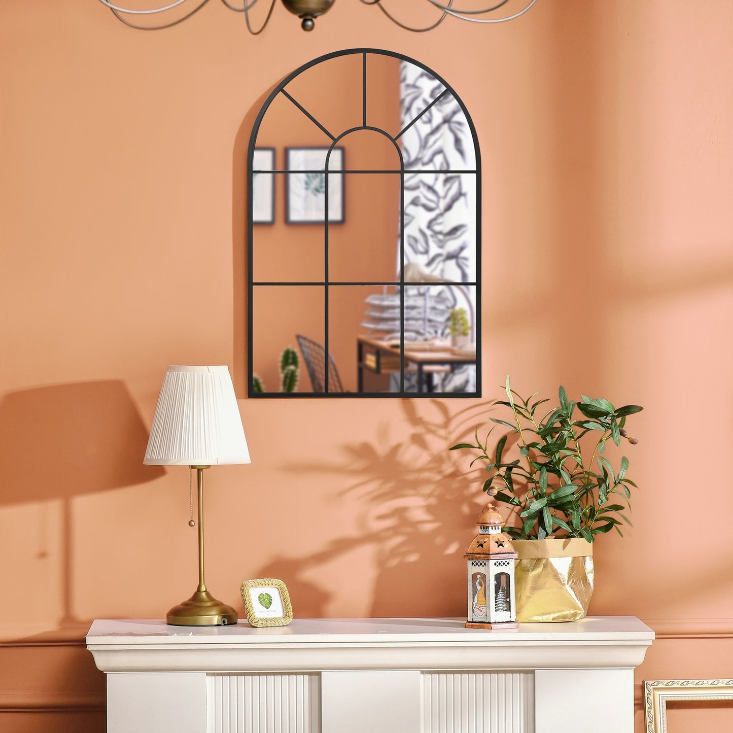 Arched black metal wall mirror 91x60cm for home decoration