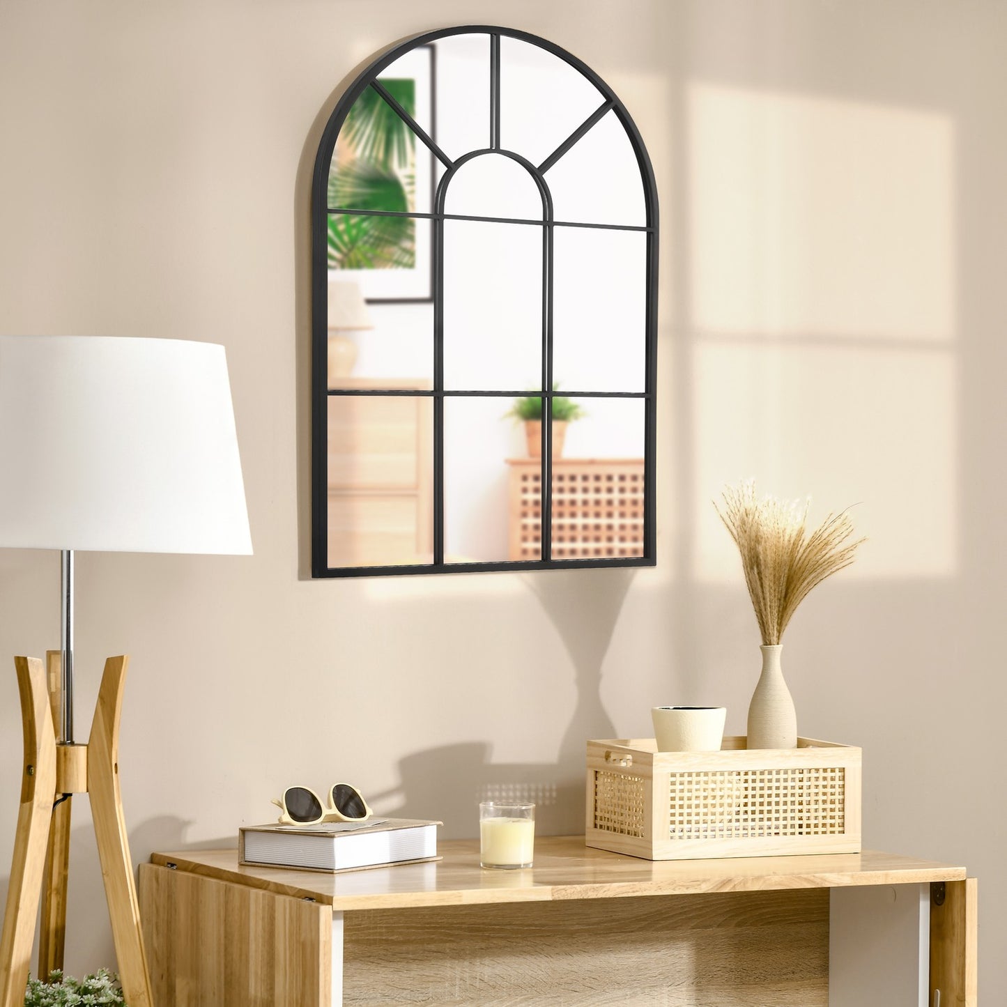 Arched black metal wall mirror 91x60cm for home decoration