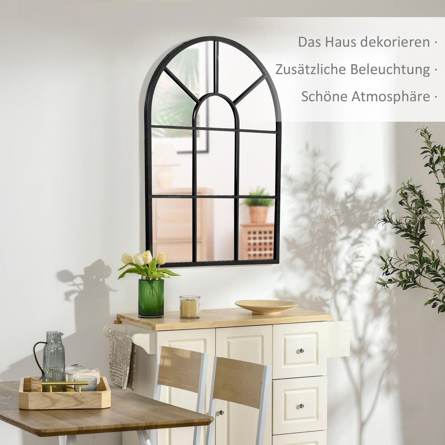 Arched black metal wall mirror 91x60cm for home decoration