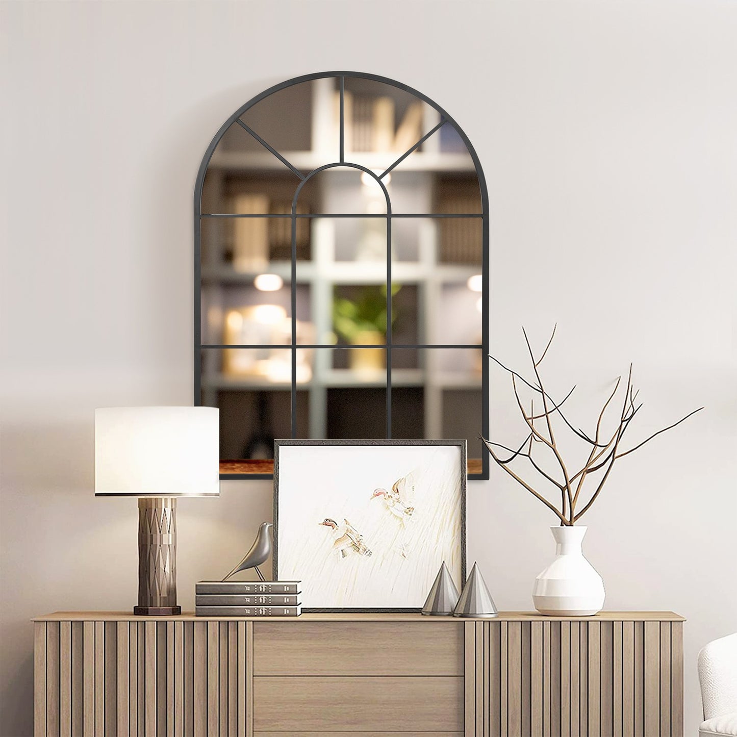 Arched black metal wall mirror 91x60cm for home decoration
