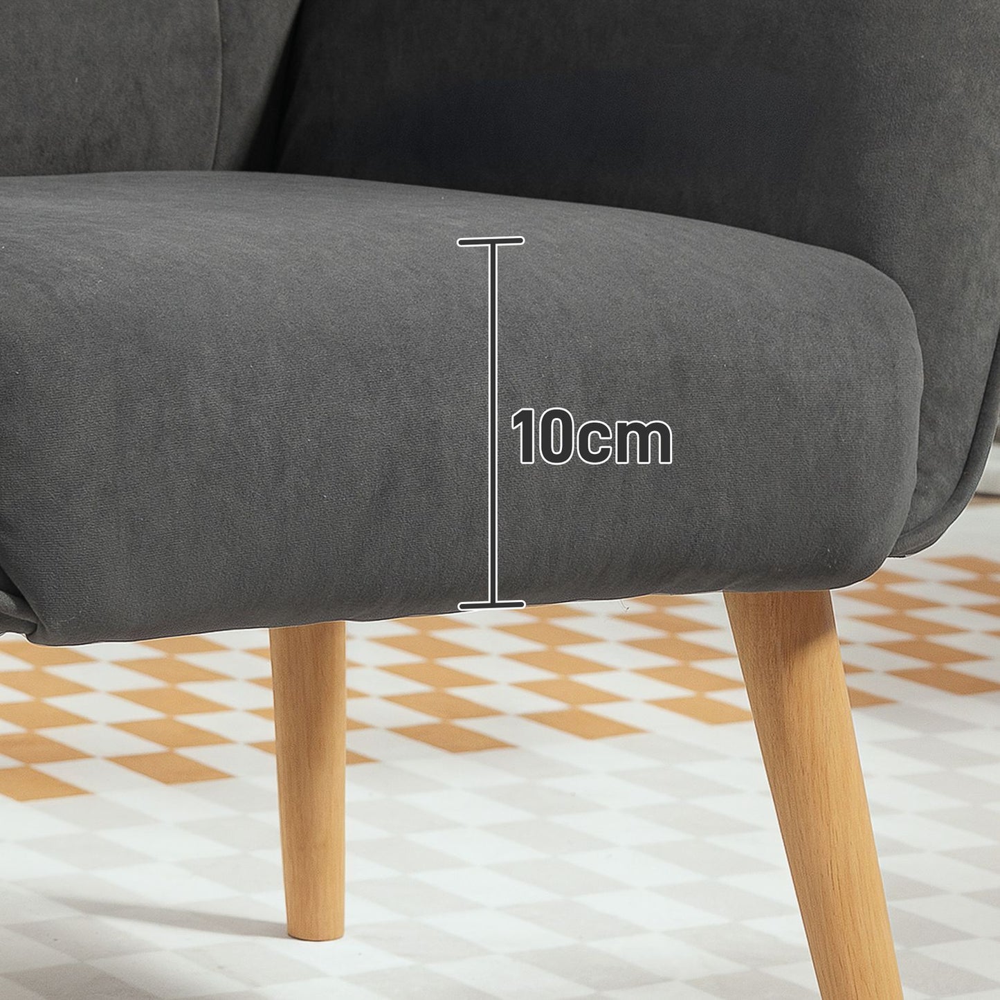 Gray velvet armchair with wooden legs for living room
