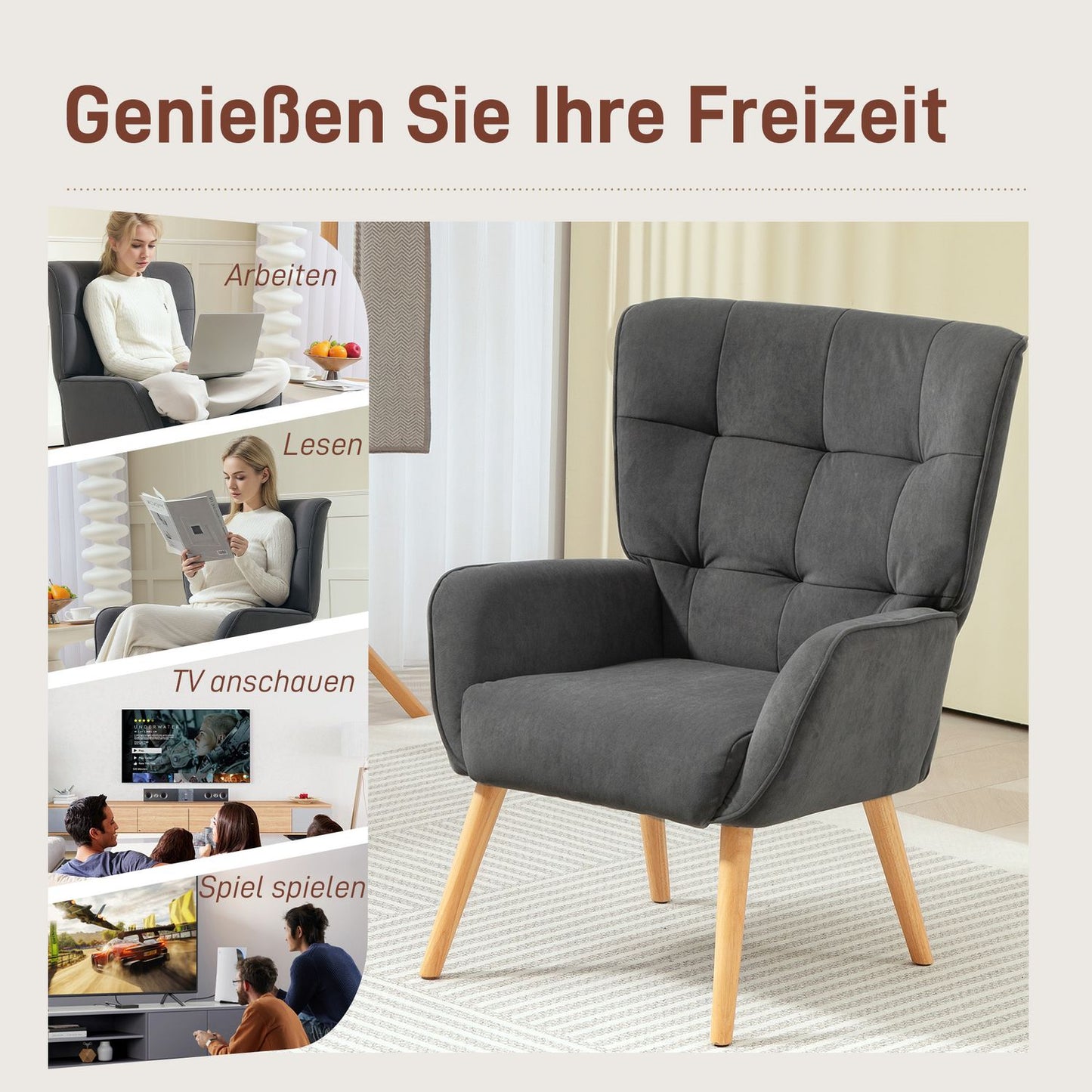 Gray velvet armchair with wooden legs for living room